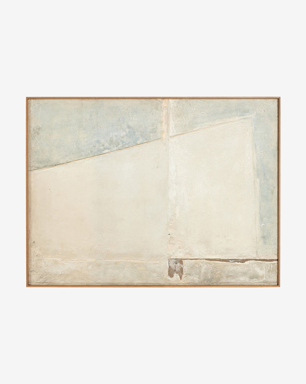 Basalt by Paul Meyer is a minimalist abstract canvas art featuring soft off-white and pale blue geometric shapes with textured lines on a neutral background, elegantly framed with thin wood, by Vendixs