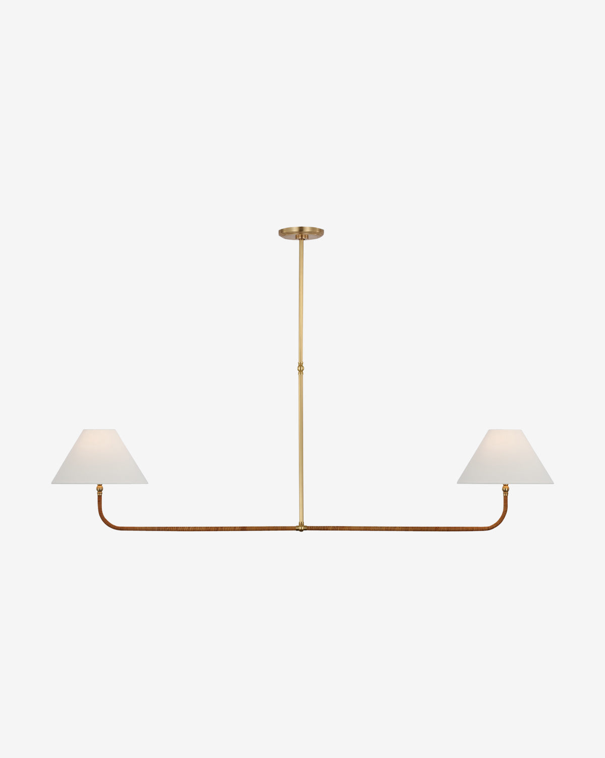 The Basden Extra Large Linear Chandelier by Visual Comfort & Co. Signature features a minimalistic design with a central rod, two horizontal arms, and white cone-shaped shades—perfect for contemporary spaces seeking symmetrical elegance. Vendixs