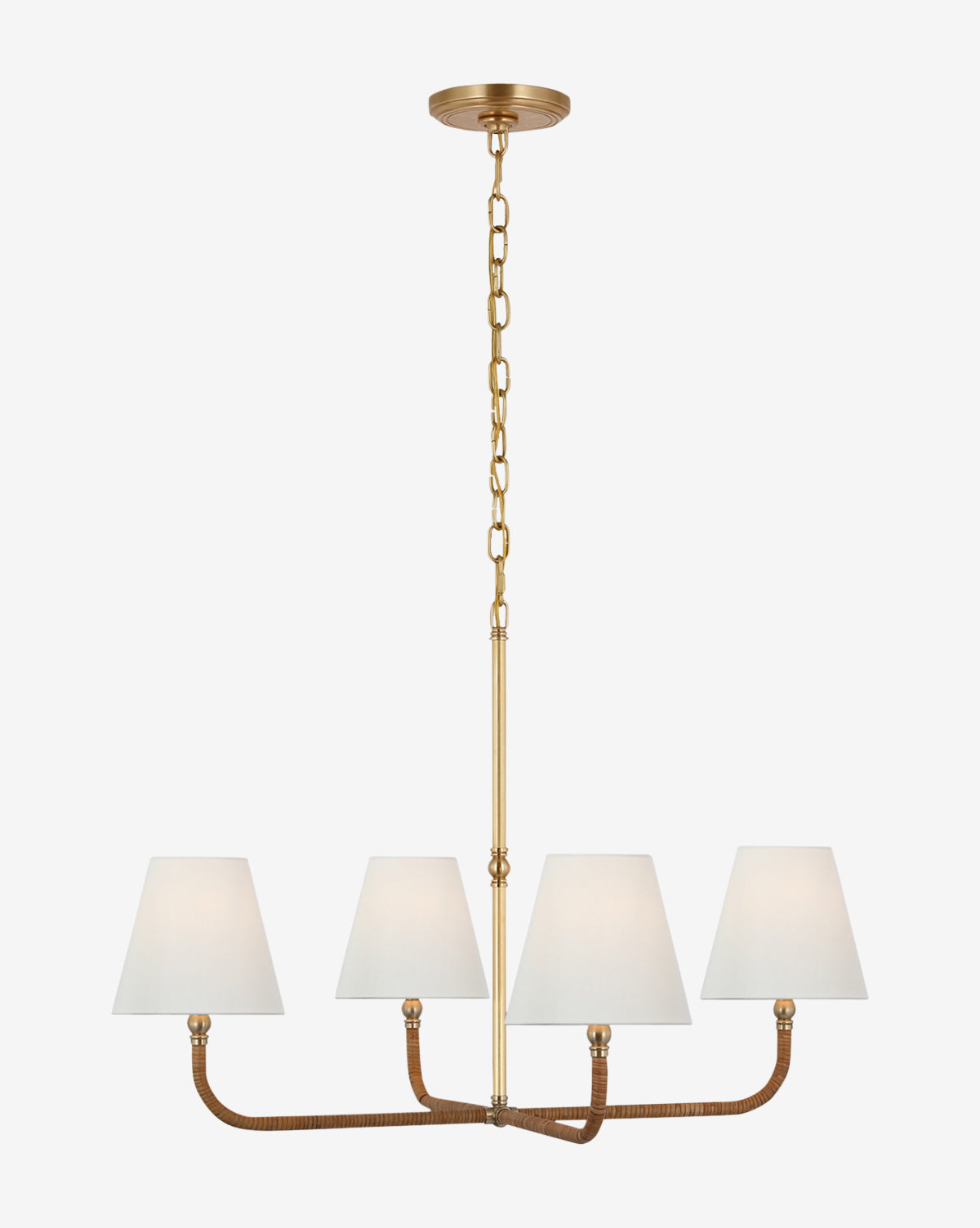 The Basden Medium Single Tier Chandelier by Visual Comfort & Co. Signature features four brown-wrapped arms with white tapered shades and a gold chain and rod for a modern rattan look. Vendixs