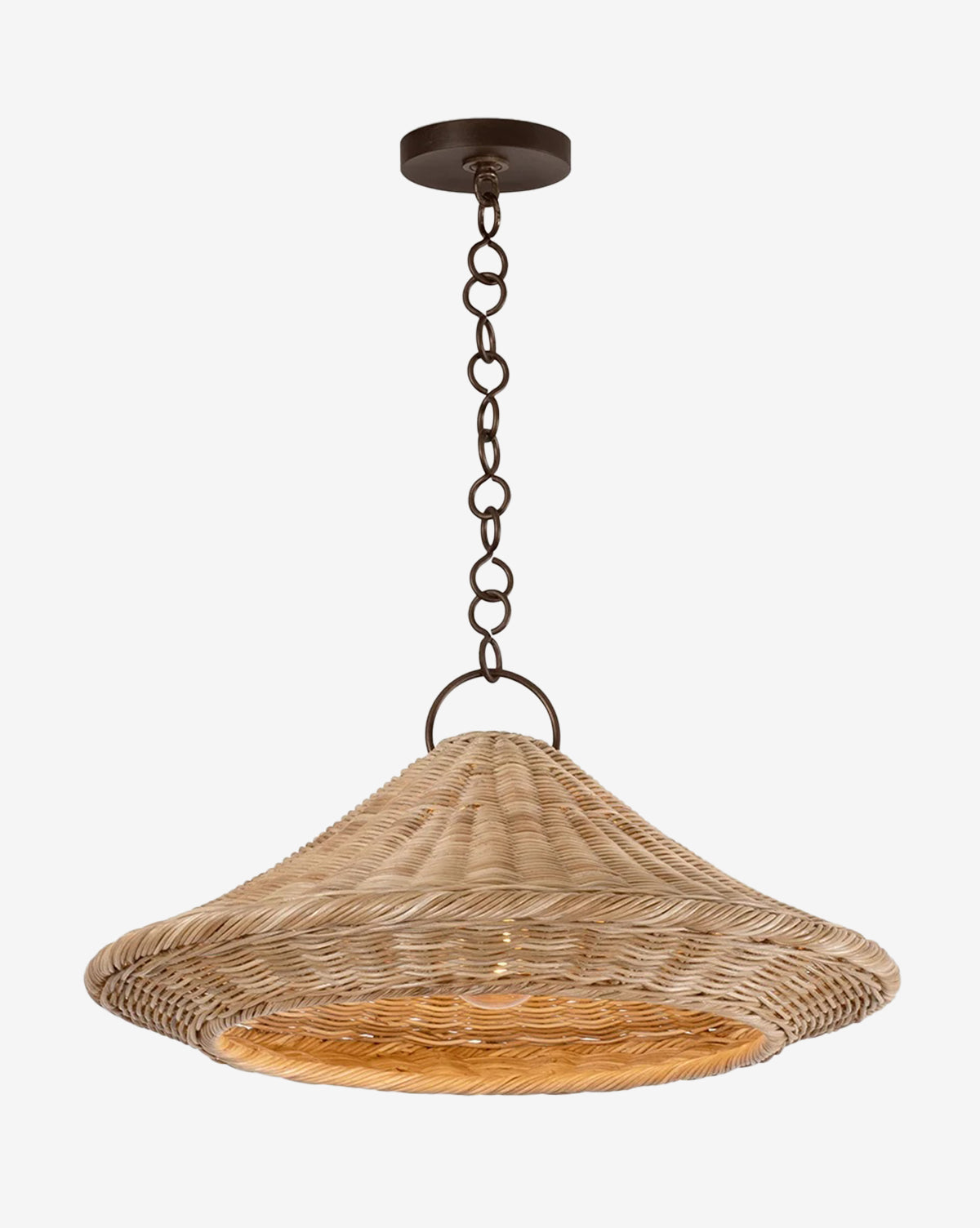 The Baychester Pendant by Hudson Valley Lighting features a wide, cone-shaped woven rattan shade suspended from a dark metal chain and round mount, casting a warm glow through its natural wicker design. Vendixs