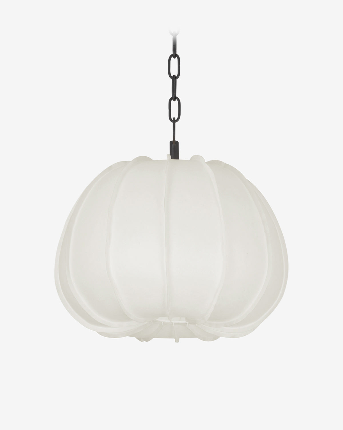 The Troy Lighting Bayu Pendant showcases a white, dome-shaped handmade paper shade with unique texture and subtle ribbing, hanging from a black chain against a plain white background. Vendixs