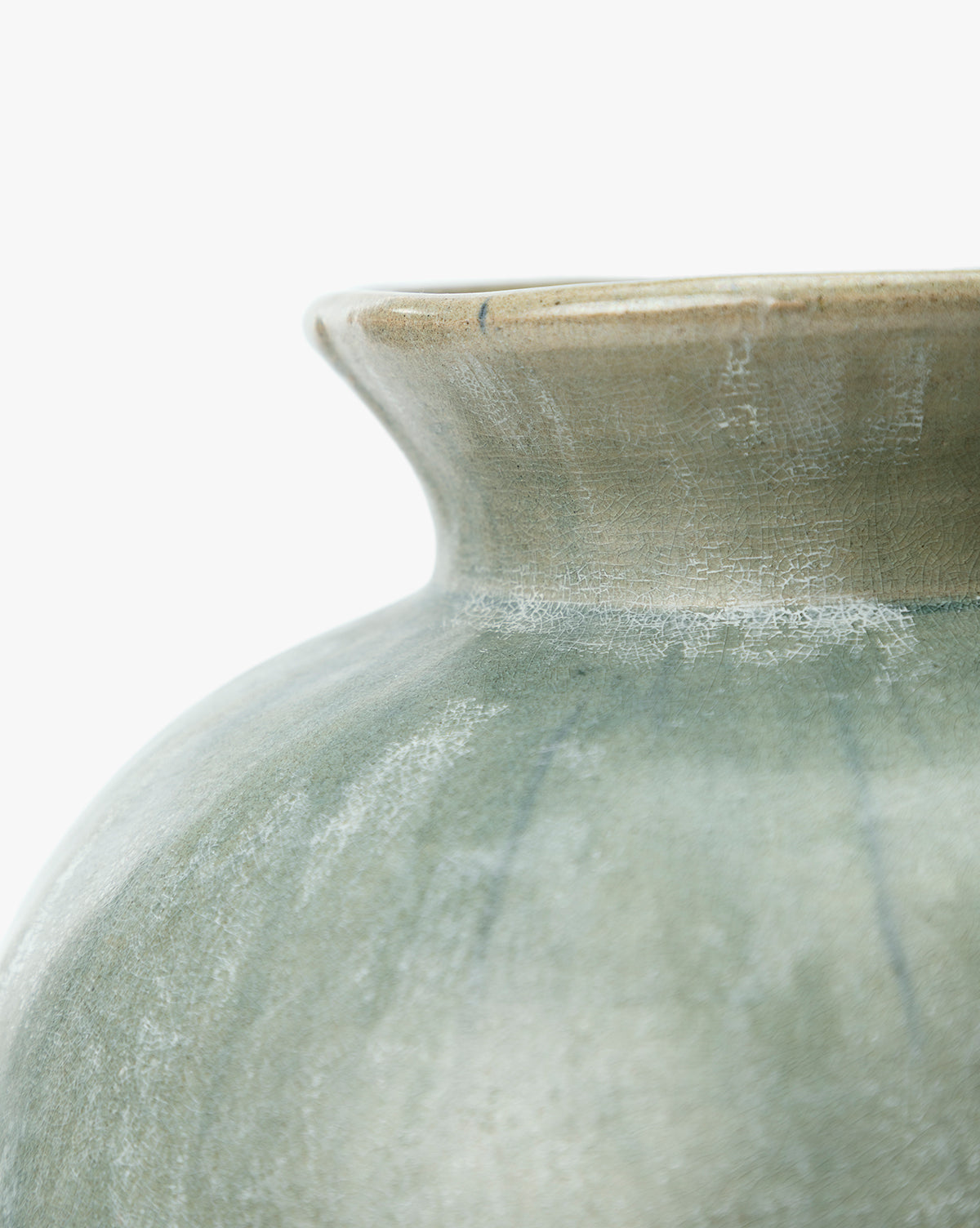 Close-up of the Beatrix Vase’s upper section, highlighting its wide opening, smooth light greenish-gray surface, and refined handcrafted texture—an elegant piece set against a clean white background, by Vendixs