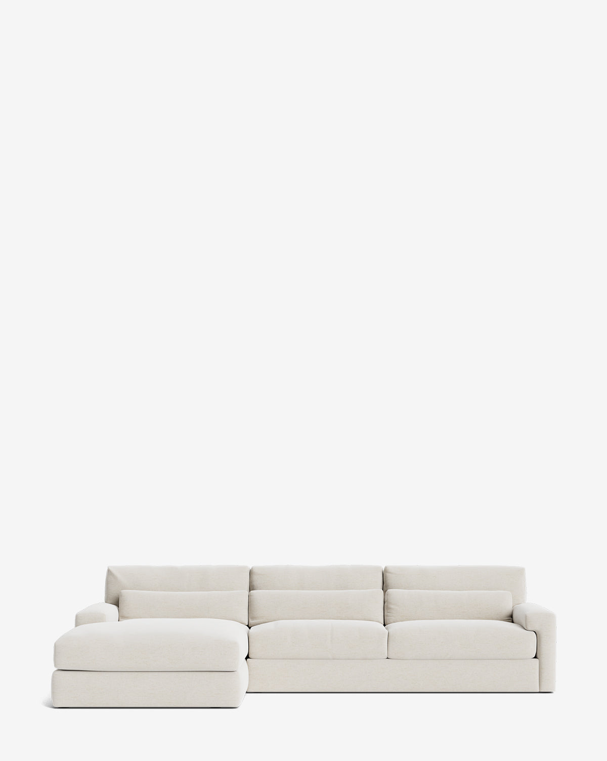 The Beckstead Chaise Sectional by Community is a modern light beige sectional with wide cushions and a left-side chaise, shown on a plain white background, Vendixs
