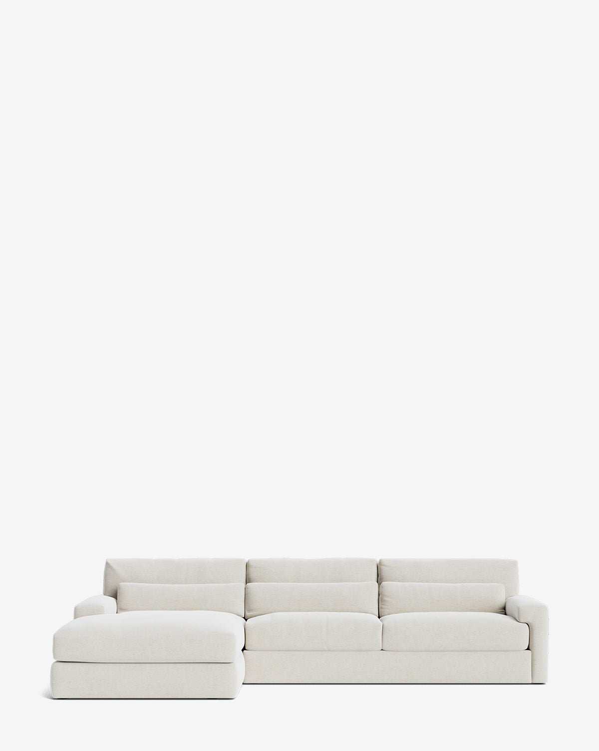 The Beckstead Chaise Sectional 128 by Community is a modern, light beige handcrafted sofa featuring a left-side chaise, shown against a plain white background by Vendixs