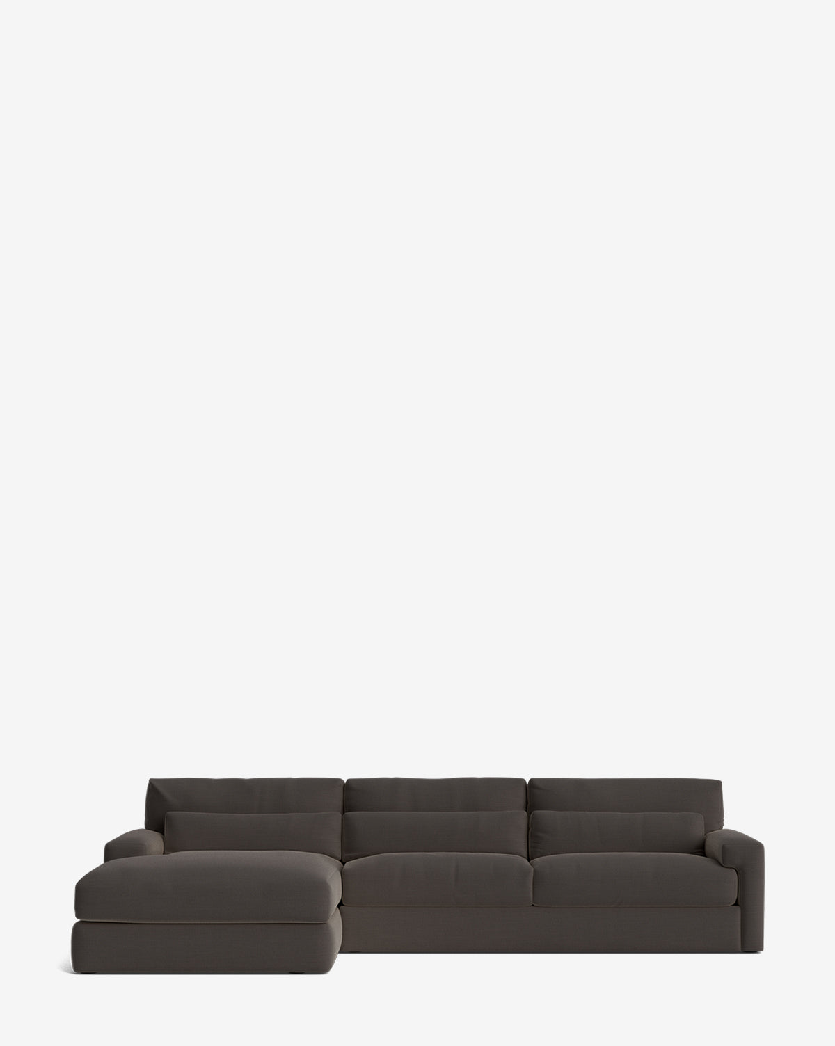 The Beckstead Chaise Sectional 128 by Community features wide, plush cushions and a left-side lounge in modern dark gray, shown against a plain white background. Vendixs