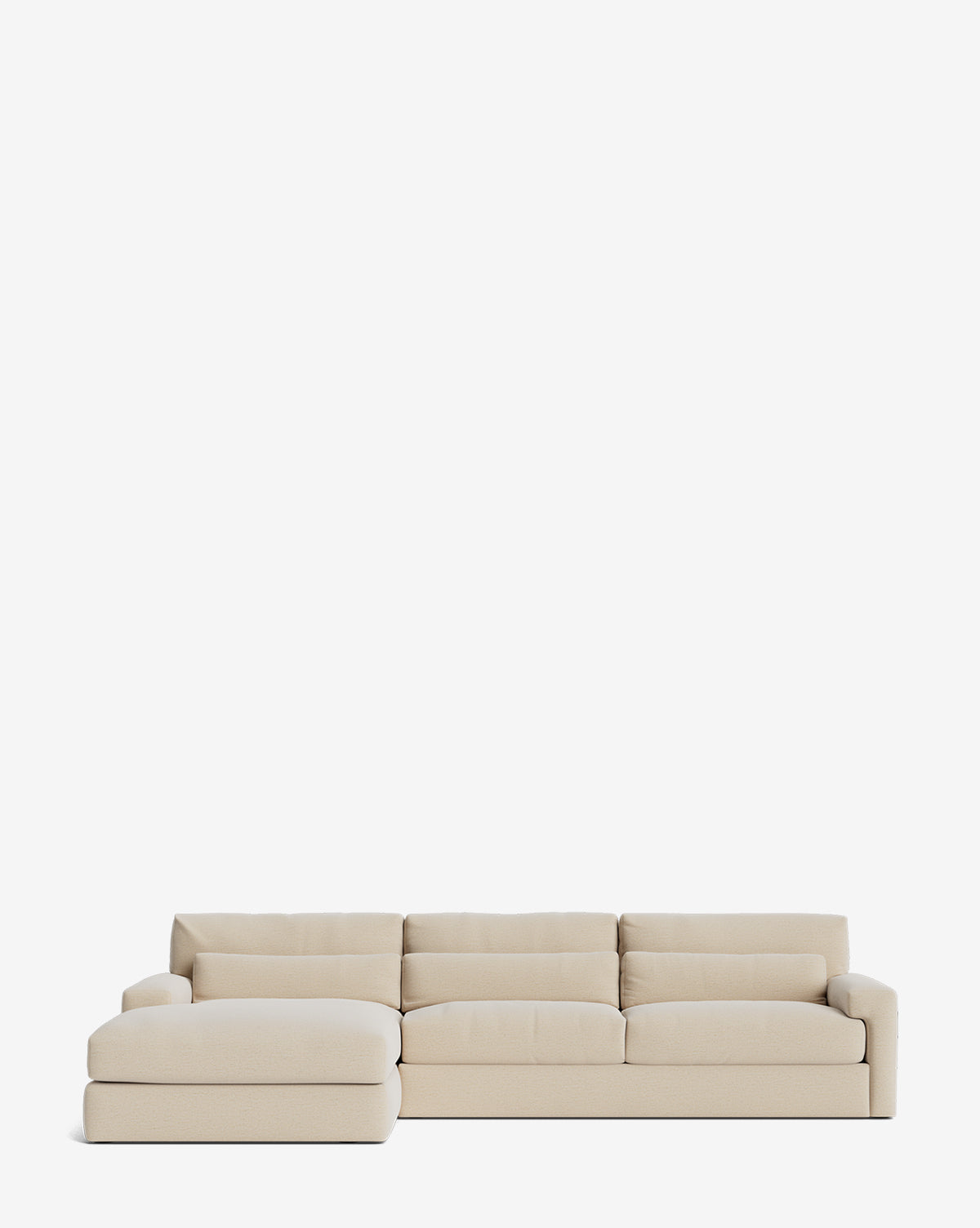 The Beckstead Chaise Sectional 128 by Community is a modern handcrafted beige sectional with three seat cushions and a left-side chaise, shown on a plain white background by Vendixs