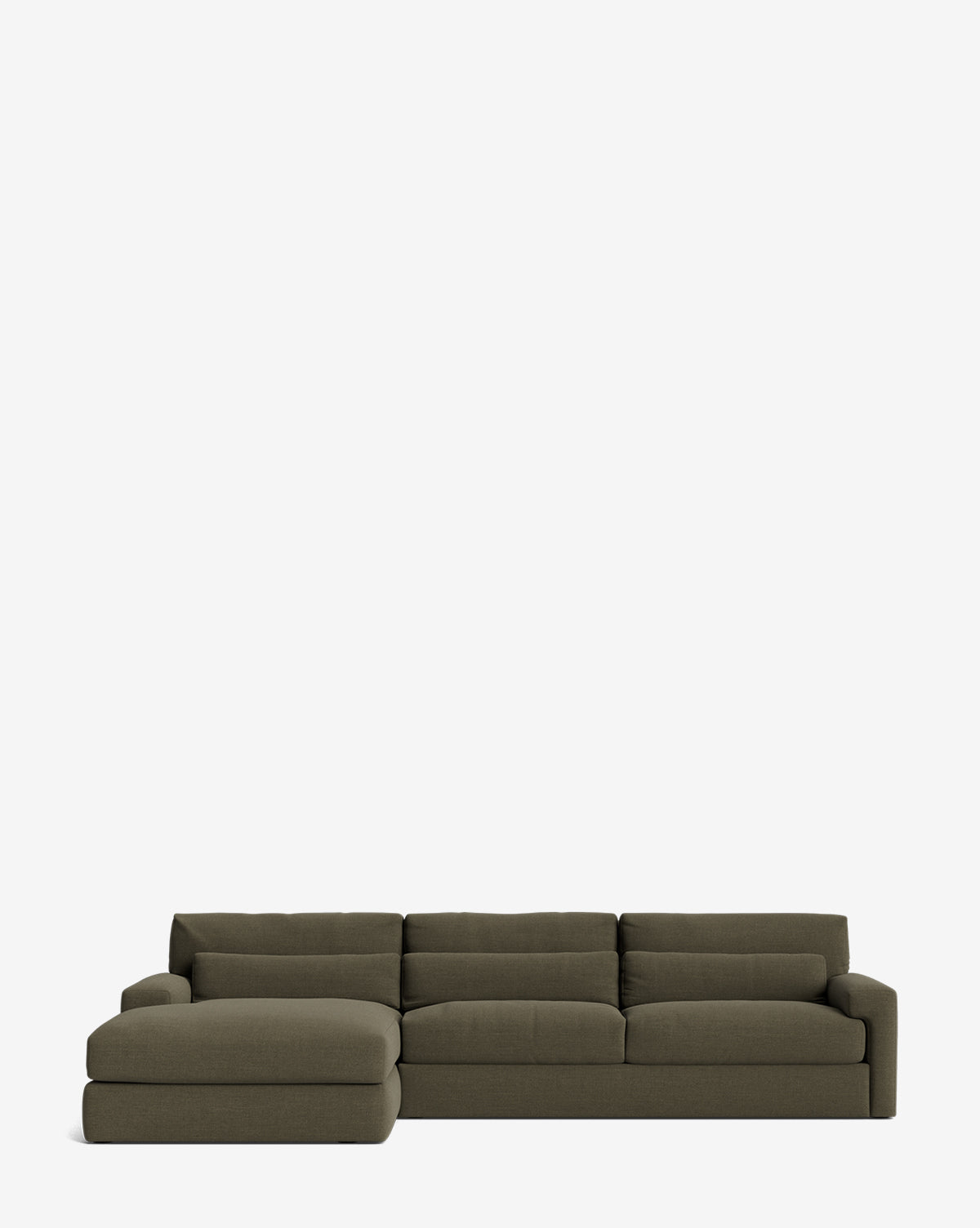 The Community Beckstead Chaise Sectional 128 is a modern, handcrafted sofa in olive green with a left-side chaise lounge, shown on a plain white background by Vendixs