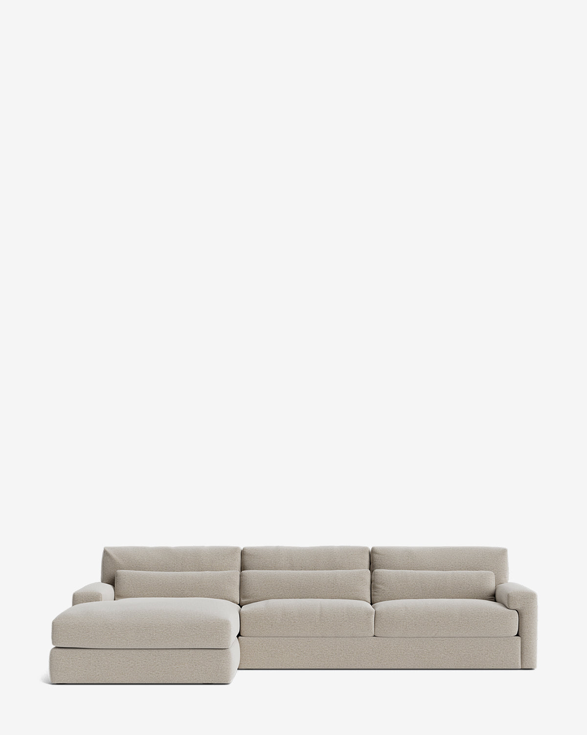 The Community Beckstead Chaise Sectional 128 is a modern, light gray sofa with a left-facing chaise lounge, plush cushions, and minimalist design, shown on a plain white background. Vendixs