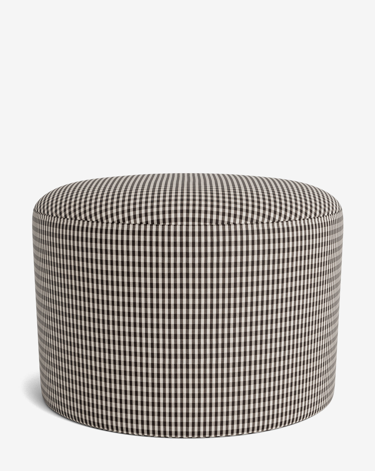 The Makerspalm Bellamy Ottoman is a round, customizable ottoman in black and white gingham check fabric, shown on a plain white background. Vendixs