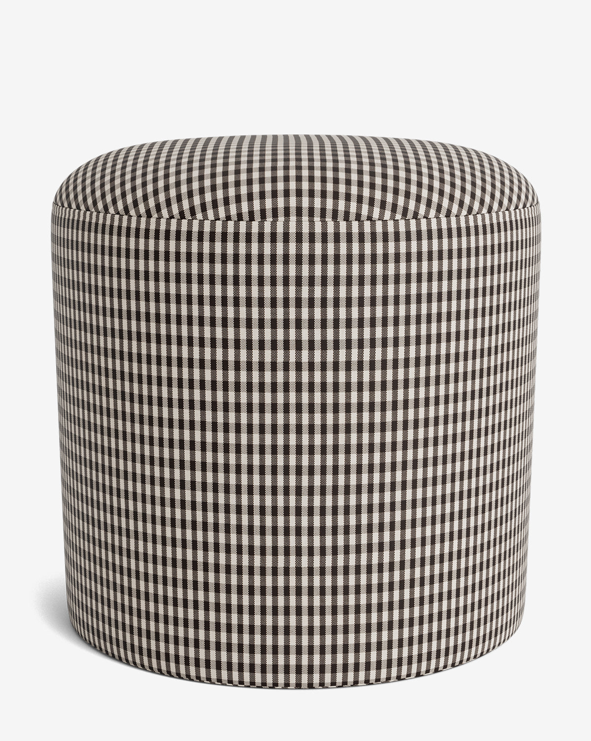 The Makerspalm Bellamy Ottoman features a black and white checkered fabric, soft cushioned top, and smooth sides for versatile use. Vendixs