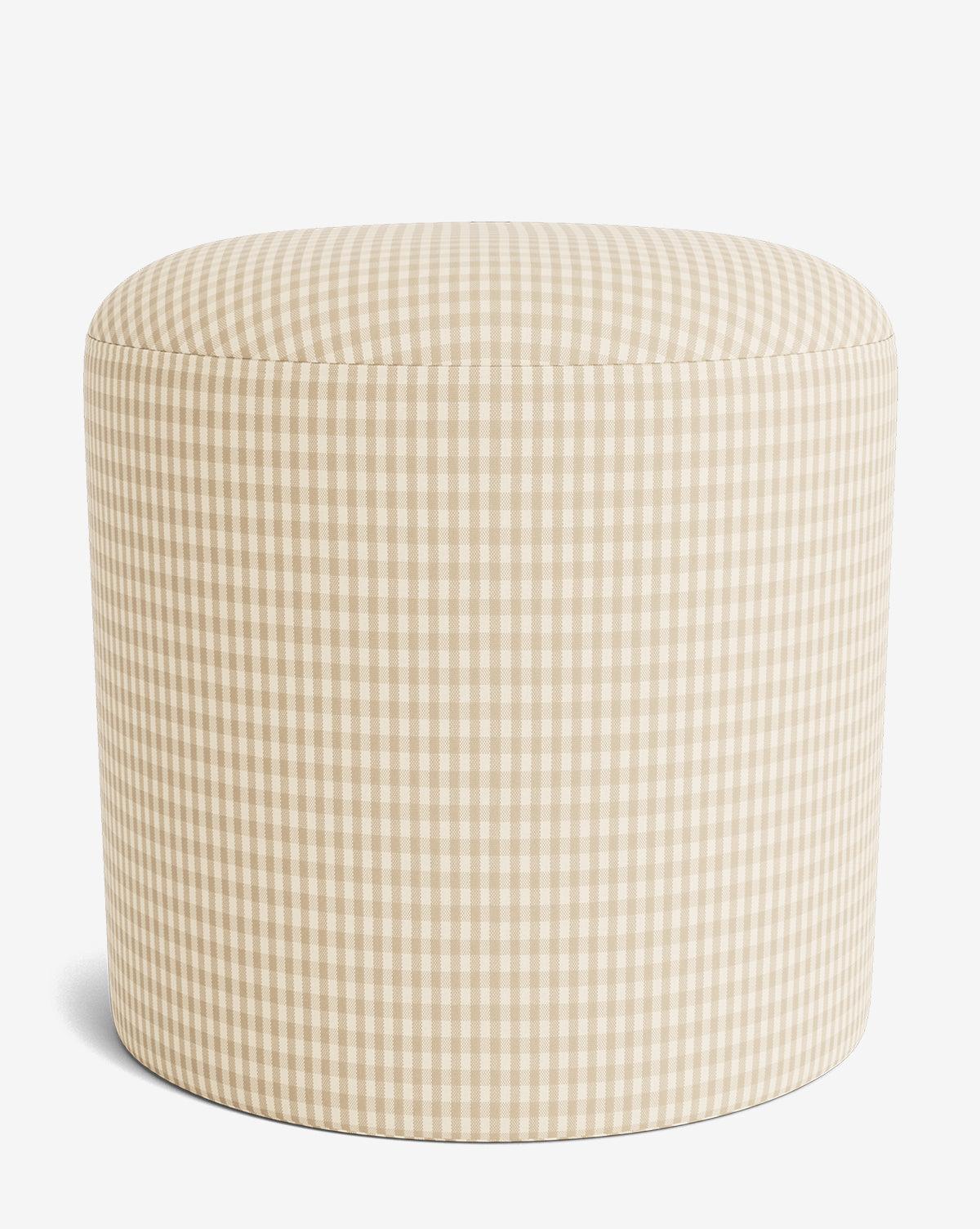 The Makerspalm Bellamy Ottoman features beige and white gingham upholstery, a smooth, legless design, and is shown against a plain white background. Vendixs