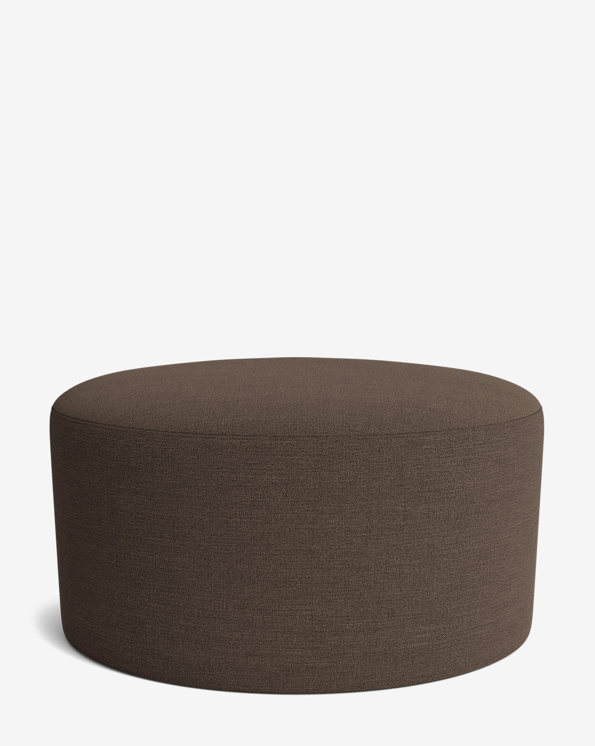 The Makerspalm Bellamy Ottoman is large, round, and brown with a smooth surface, shown on a plain white background—a versatile piece for any space. Vendixs