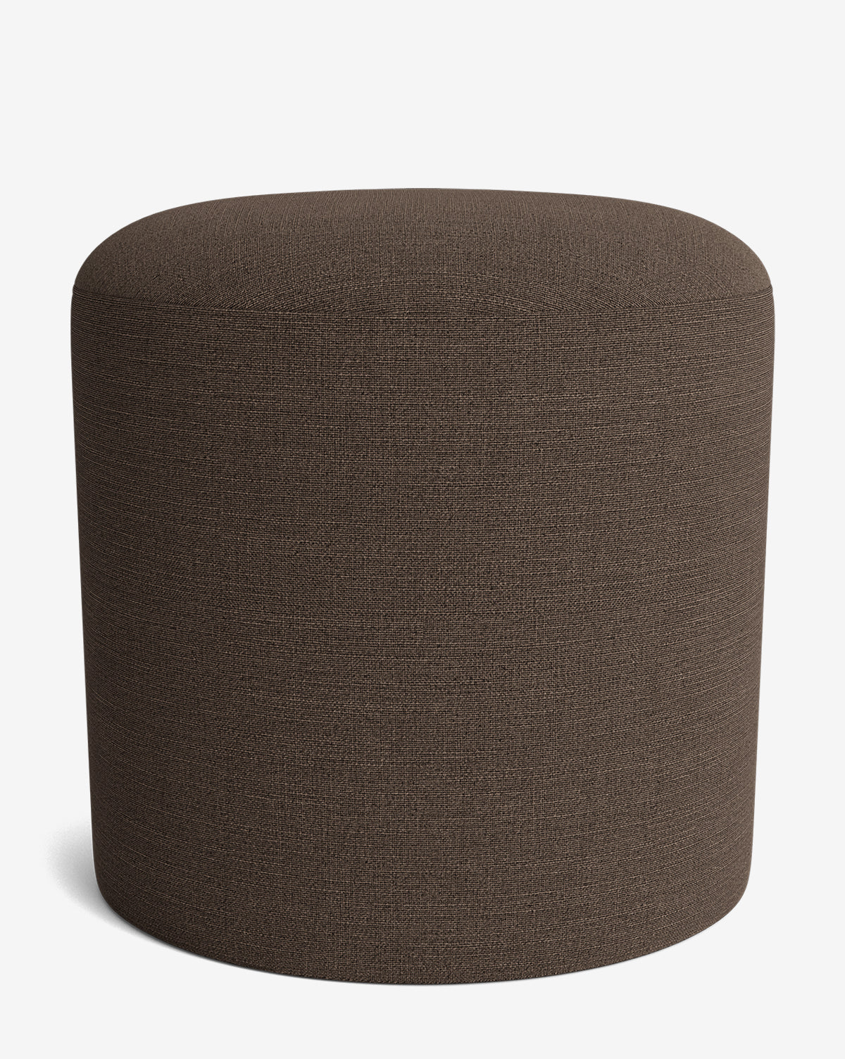 The Makerspalm Bellamy Ottoman is a simple, round piece with dark brown upholstery, a smooth seamless surface, and no visible legs or embellishments, shown against a plain white background. Vendixs