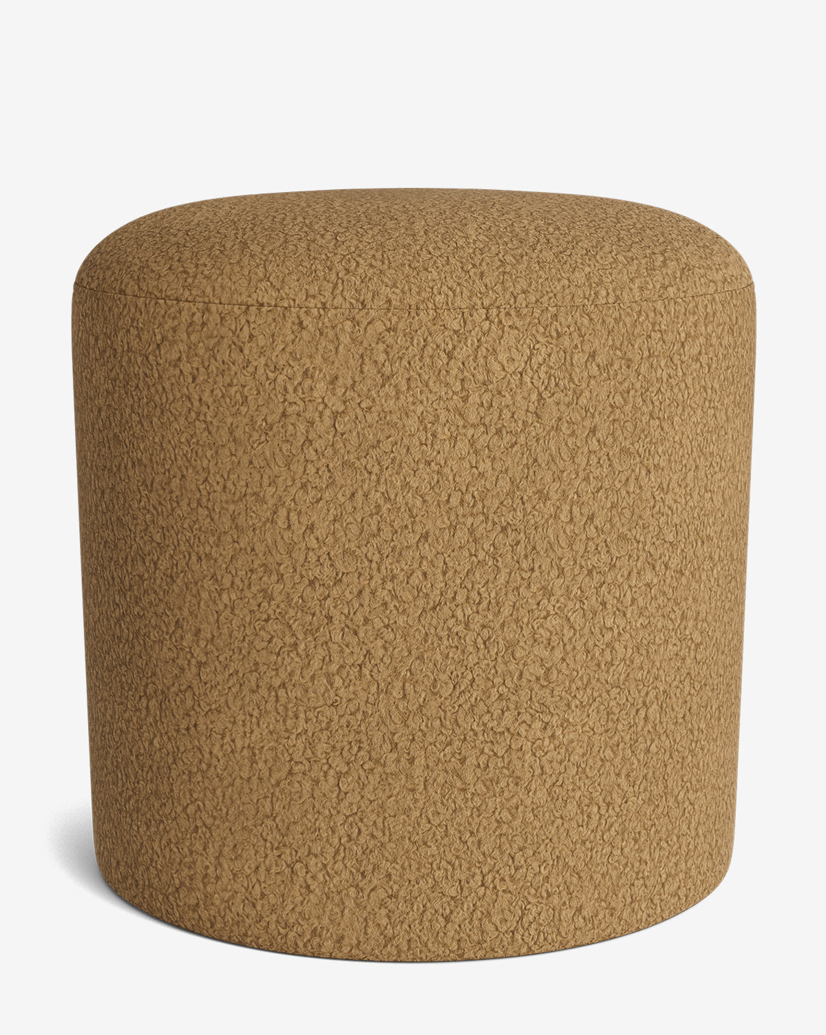 The Makerspalm Bellamy Ottoman features a round, brown design with a textured boucle fabric surface, combining versatility and style against a plain white background by Vendixs