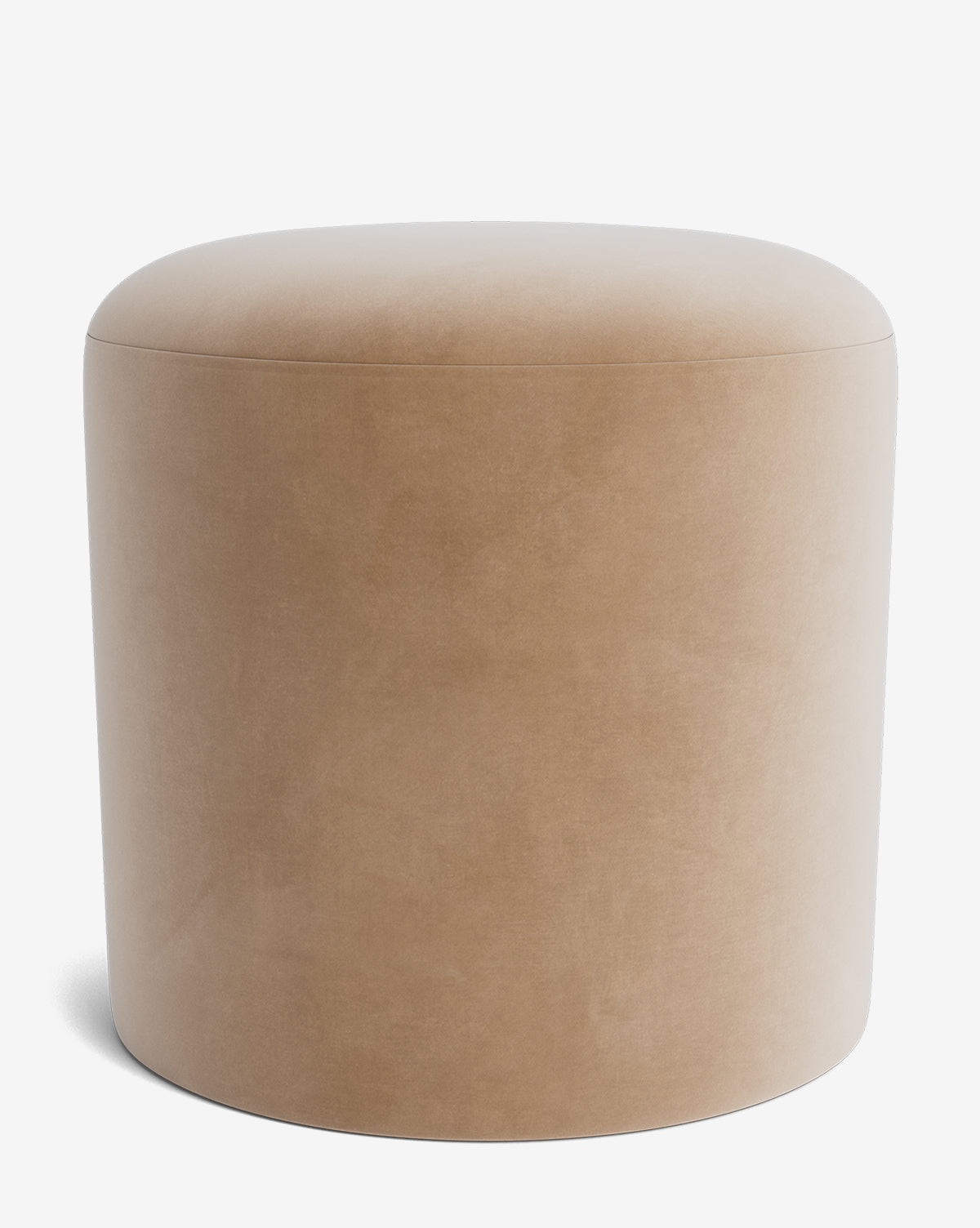 The Makerspalm Bellamy Ottoman is a round, beige piece with a smooth velvet texture and minimalist design—an ideal, versatile ottoman for any modern space. Vendixs