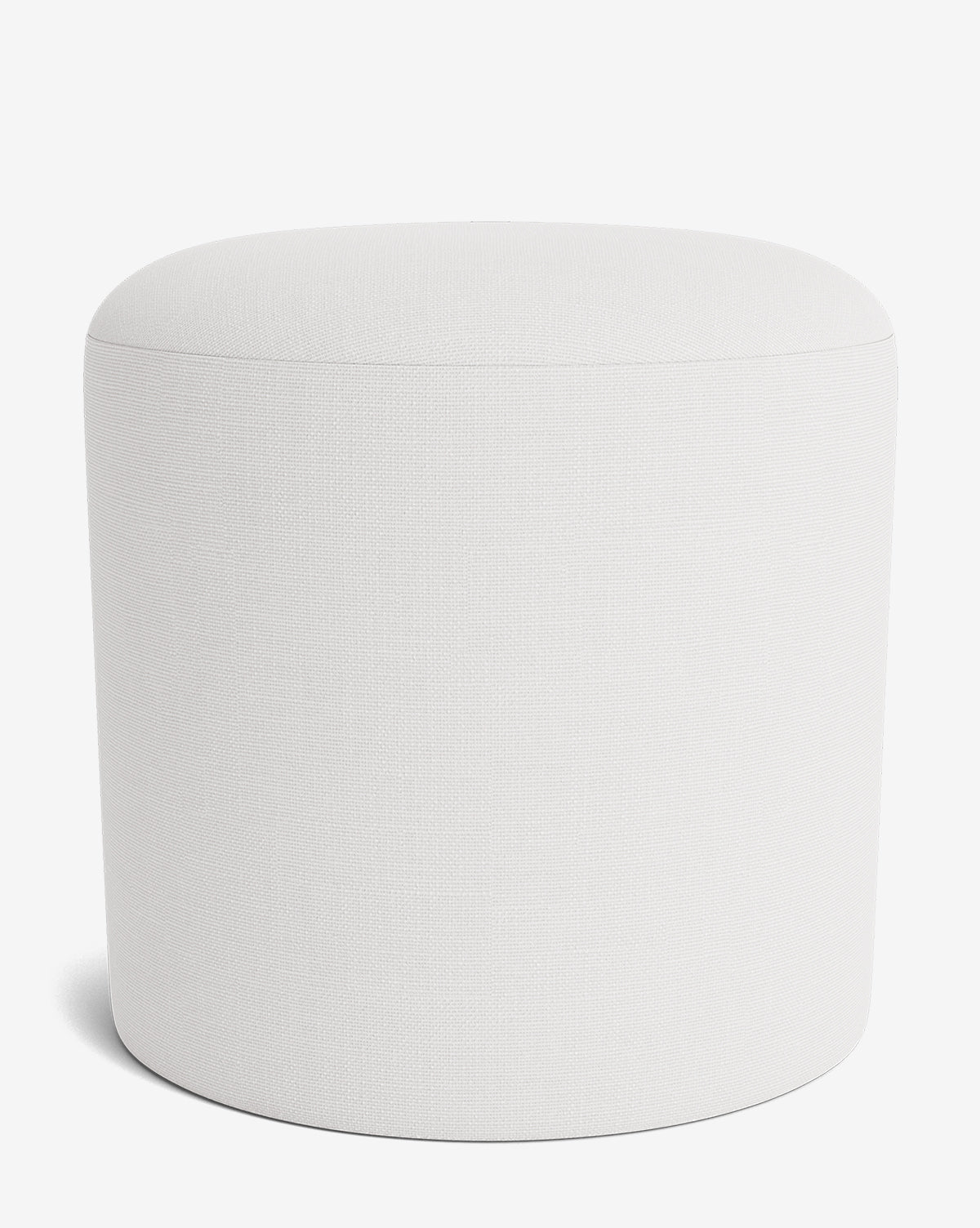 The Makerspalm Bellamy Ottoman is a simple, modern, round piece with smooth sides and a flat top, upholstered in plain white fabric—an effortlessly versatile choice for any space. Vendixs