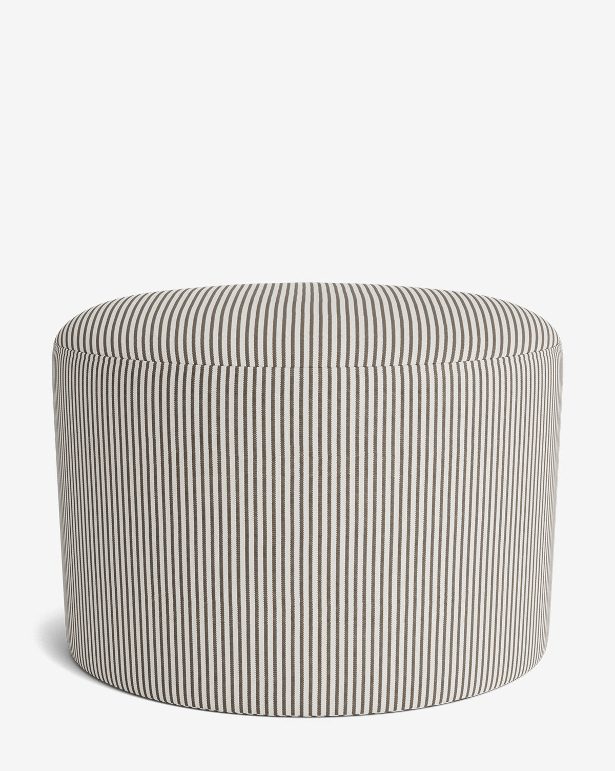 The Makerspalm Bellamy Ottoman is a round, versatile piece upholstered in black and white striped fabric on a plain white background by Vendixs