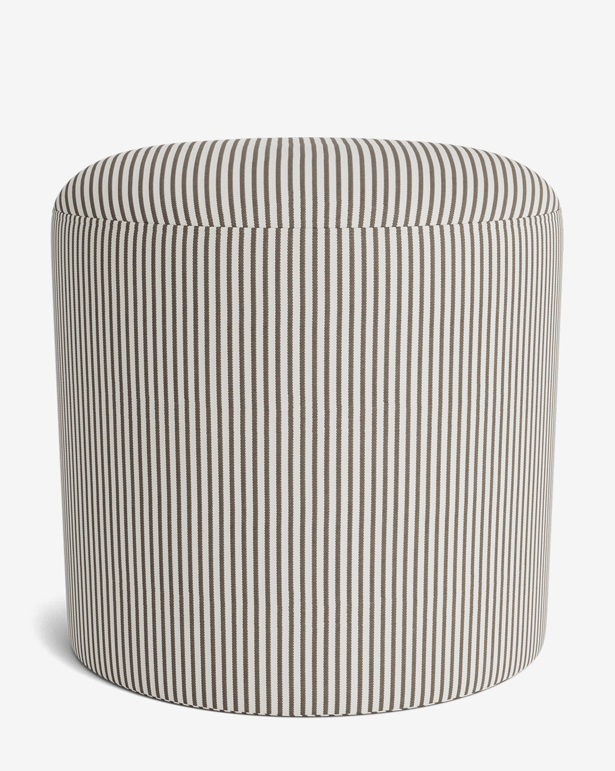 The Makerspalm Bellamy Ottoman is a versatile piece with beige and white vertical stripes, upholstered fabric, and a soft cushioned top. Vendixs