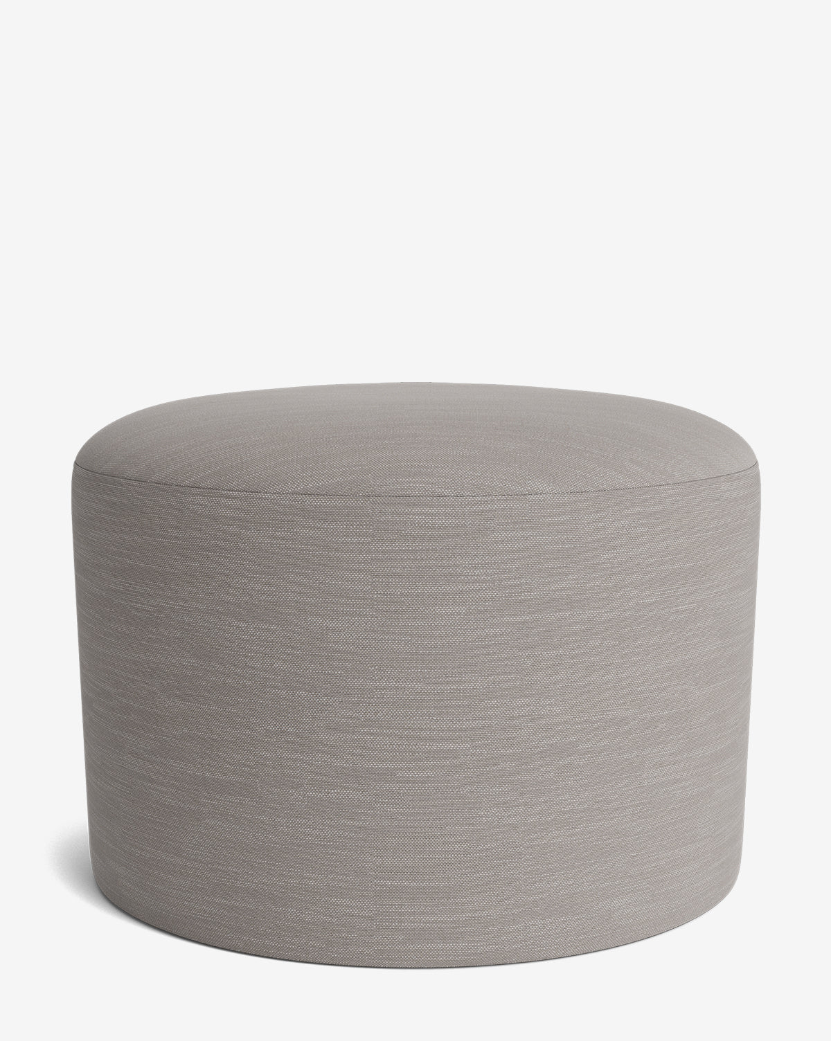 The Makerspalm Bellamy Ottoman is a round, light gray fabric ottoman with a smooth, seamless surface, shown on a plain white background—a versatile piece for any space. Vendixs