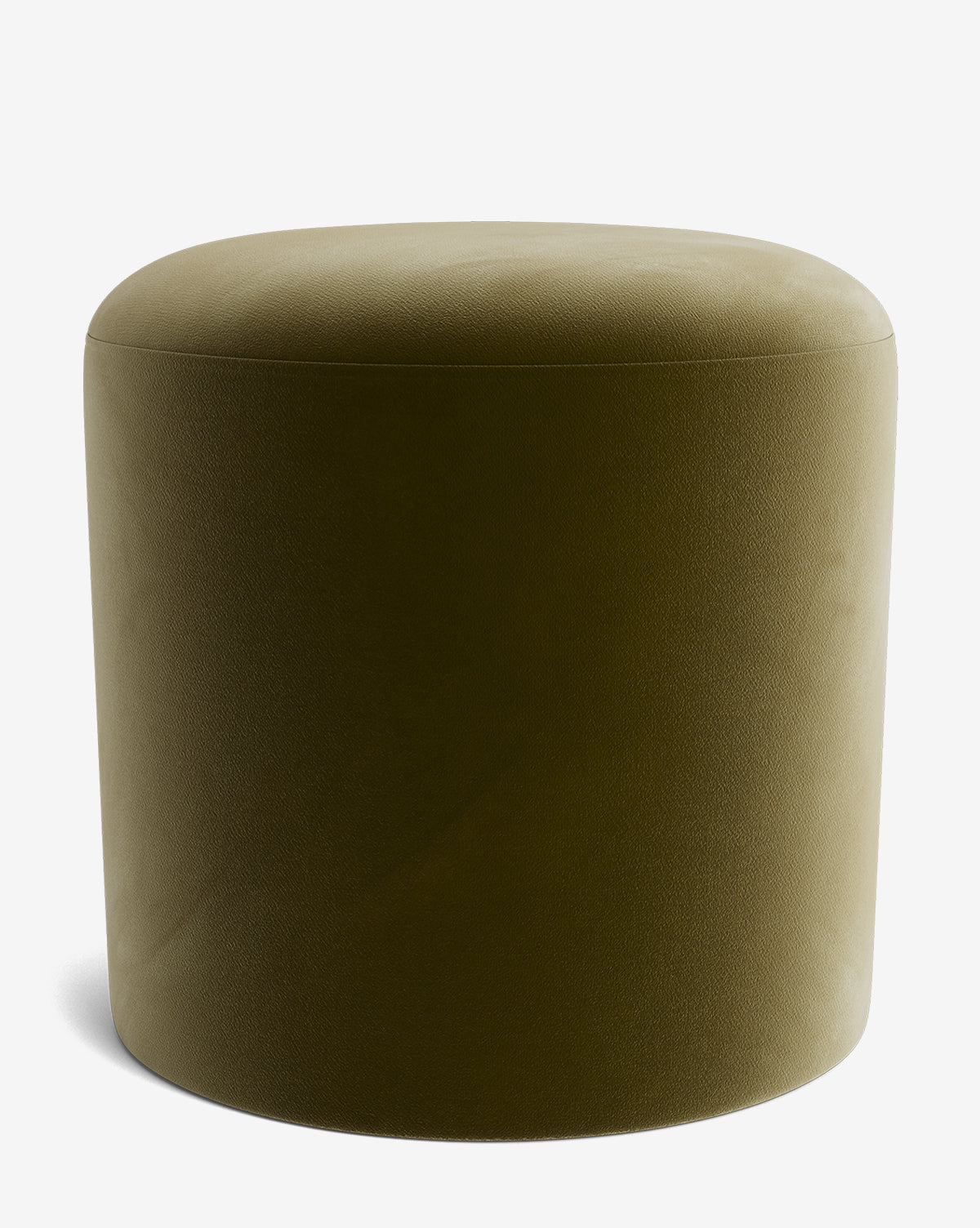 The Makerspalm Bellamy Ottoman is a round, olive-green upholstered piece with a seamless fabric surface—an elegant and versatile addition to any space. Vendixs