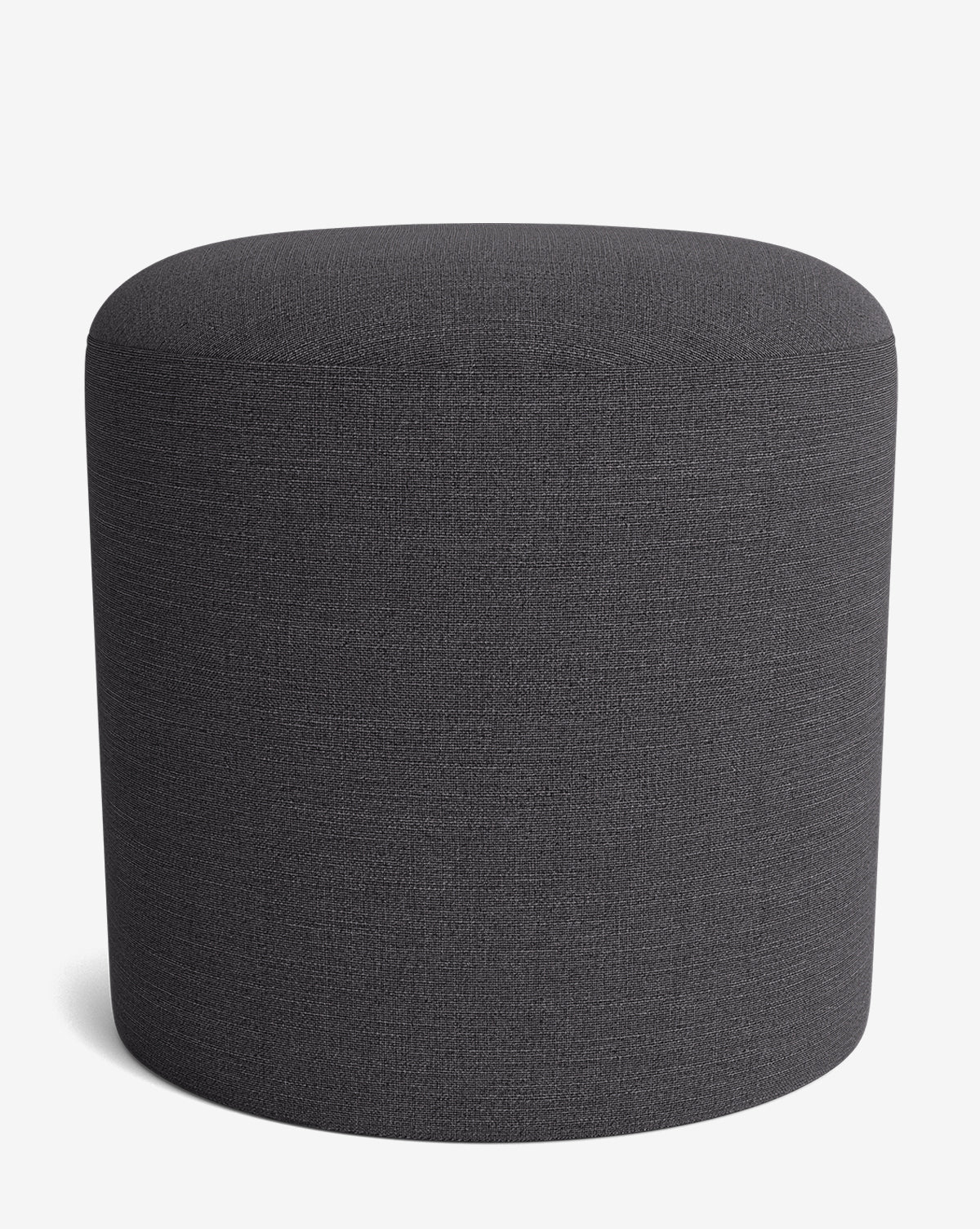 The Makerspalm Bellamy Ottoman features a simple, round design in dark gray with a smooth surface, set against a plain white background to highlight its versatile and understated elegance by Vendixs