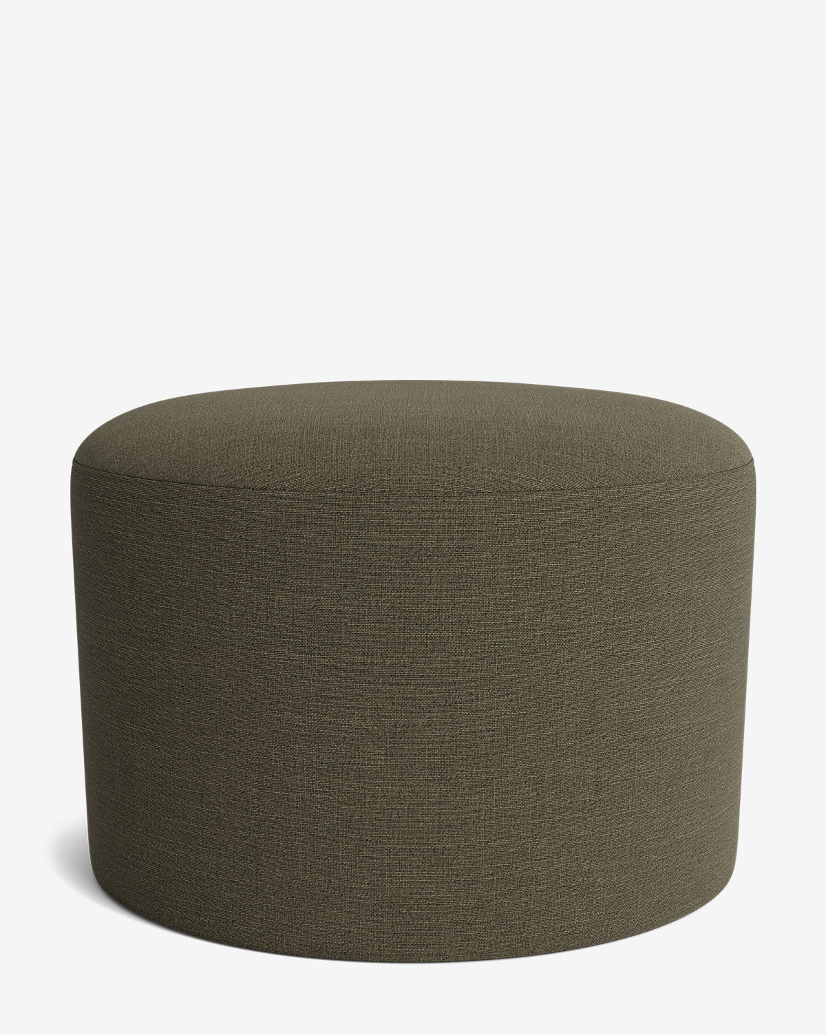 The Bellamy Ottoman by Makerspalm is a round, dark olive green piece with a smooth fabric surface, shown against a white background—a versatile ottoman suited for any space. Vendixs