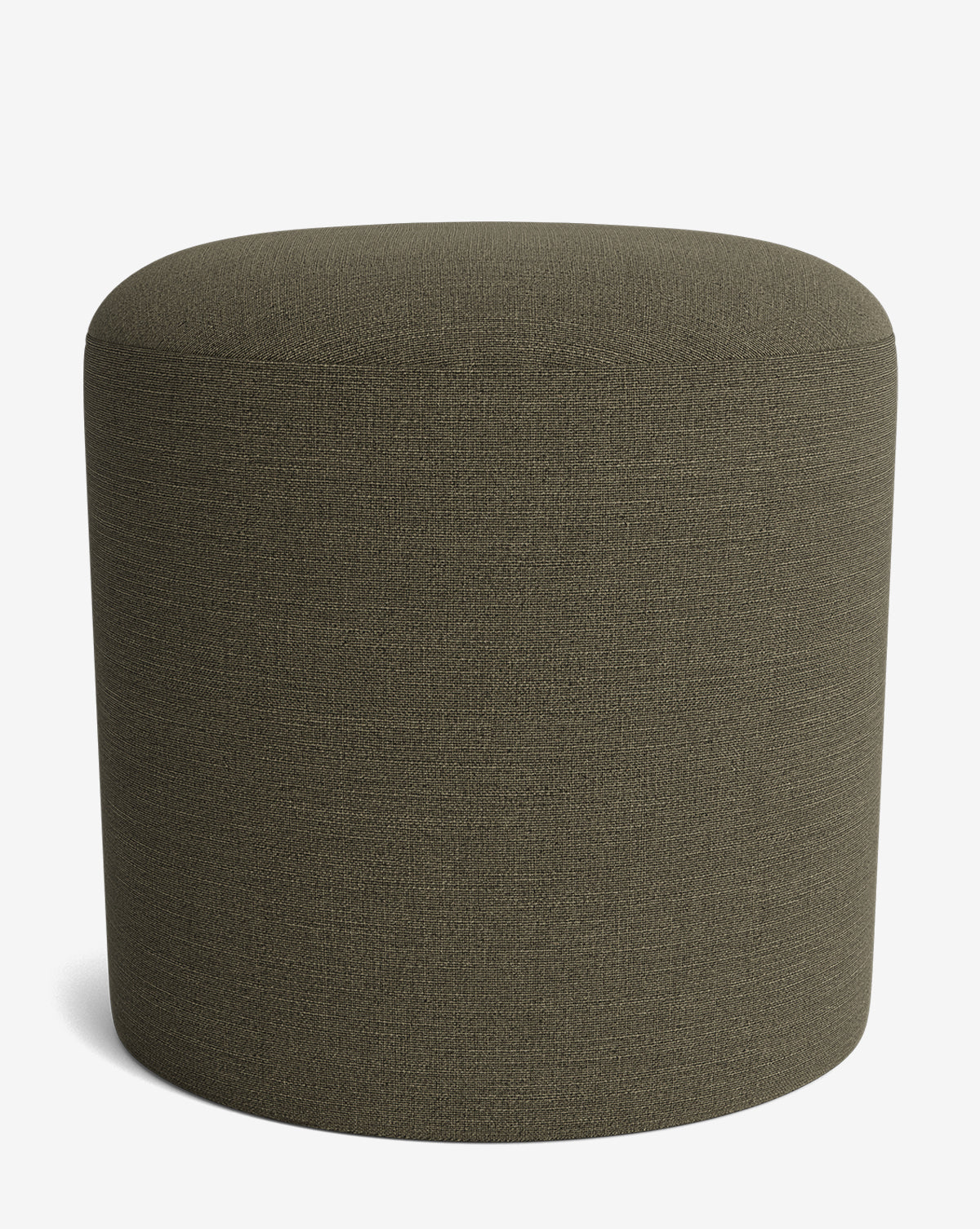 The Makerspalm Bellamy Ottoman is a round, olive green upholstered piece with a seamless fabric surface, shown on a plain white background. This versatile ottoman enhances any space with style and function. Vendixs