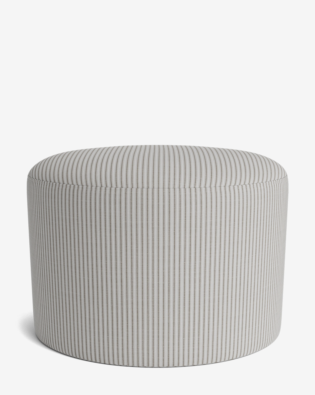 The Makerspalm Bellamy Ottoman is a versatile piece, upholstered in light gray fabric with vertical white and gray pinstripes, displayed against a plain white background. Vendixs