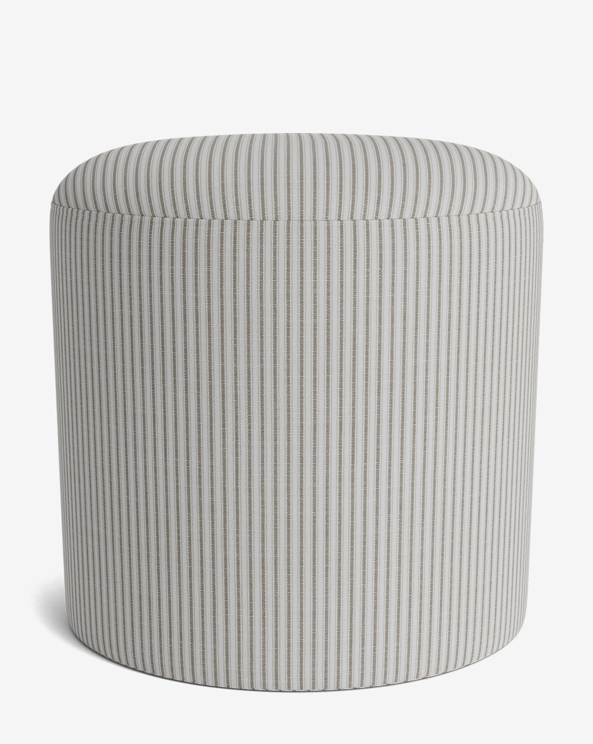 The Makerspalm Bellamy Ottoman showcases beige and white vertical striped fabric, a cushioned top, and a legless design. This elegant, versatile ottoman is set against a plain white background. Vendixs