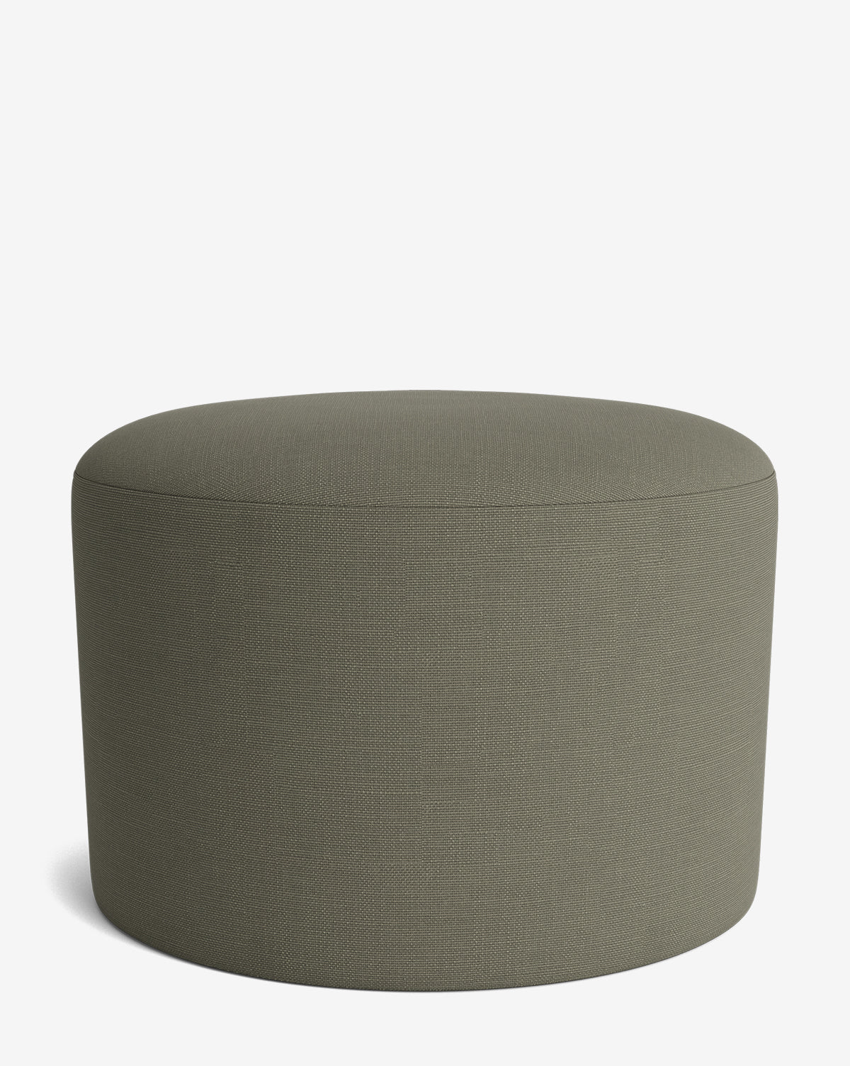 The Makerspalm Bellamy Ottoman is a round, olive-green piece with smooth upholstered fabric and a modern design, shown on a white background. Its versatile style adds contemporary elegance to any space, blending seamlessly with collections from Vendixs