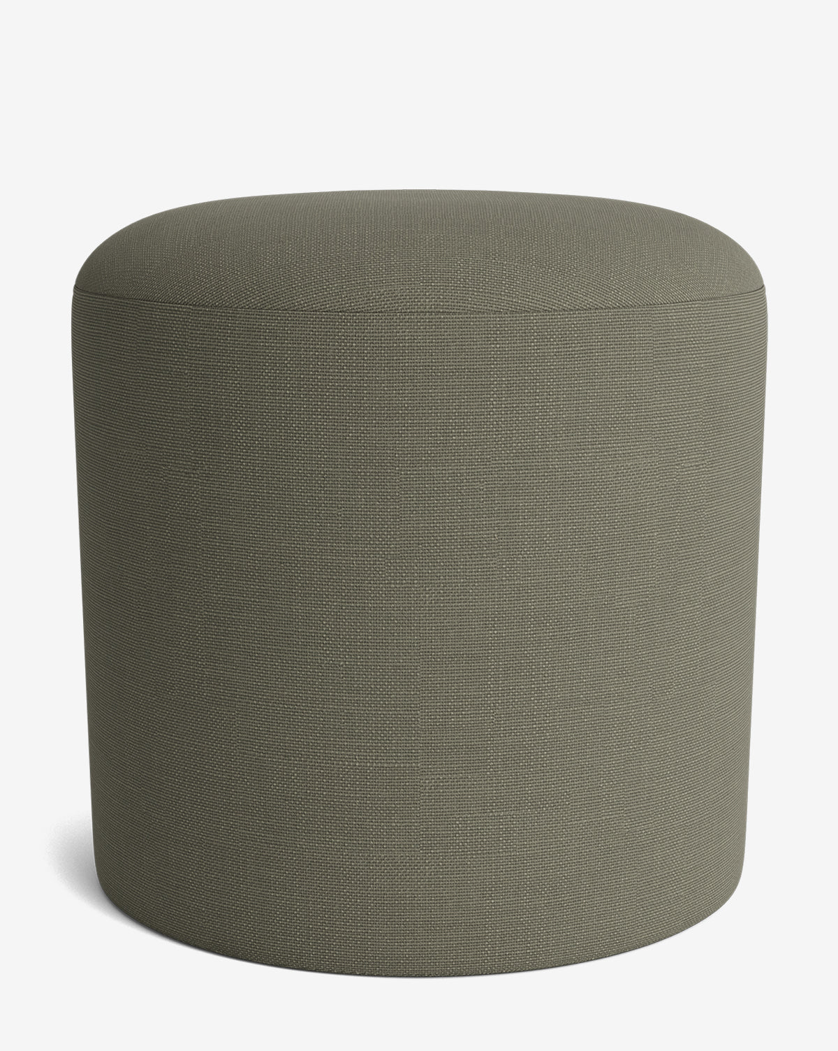 The Makerspalm Bellamy Ottoman is round and olive-green with a smooth fabric surface, featuring a simple modern design without visible legs or embellishments, shown against a plain white background, Vendixs