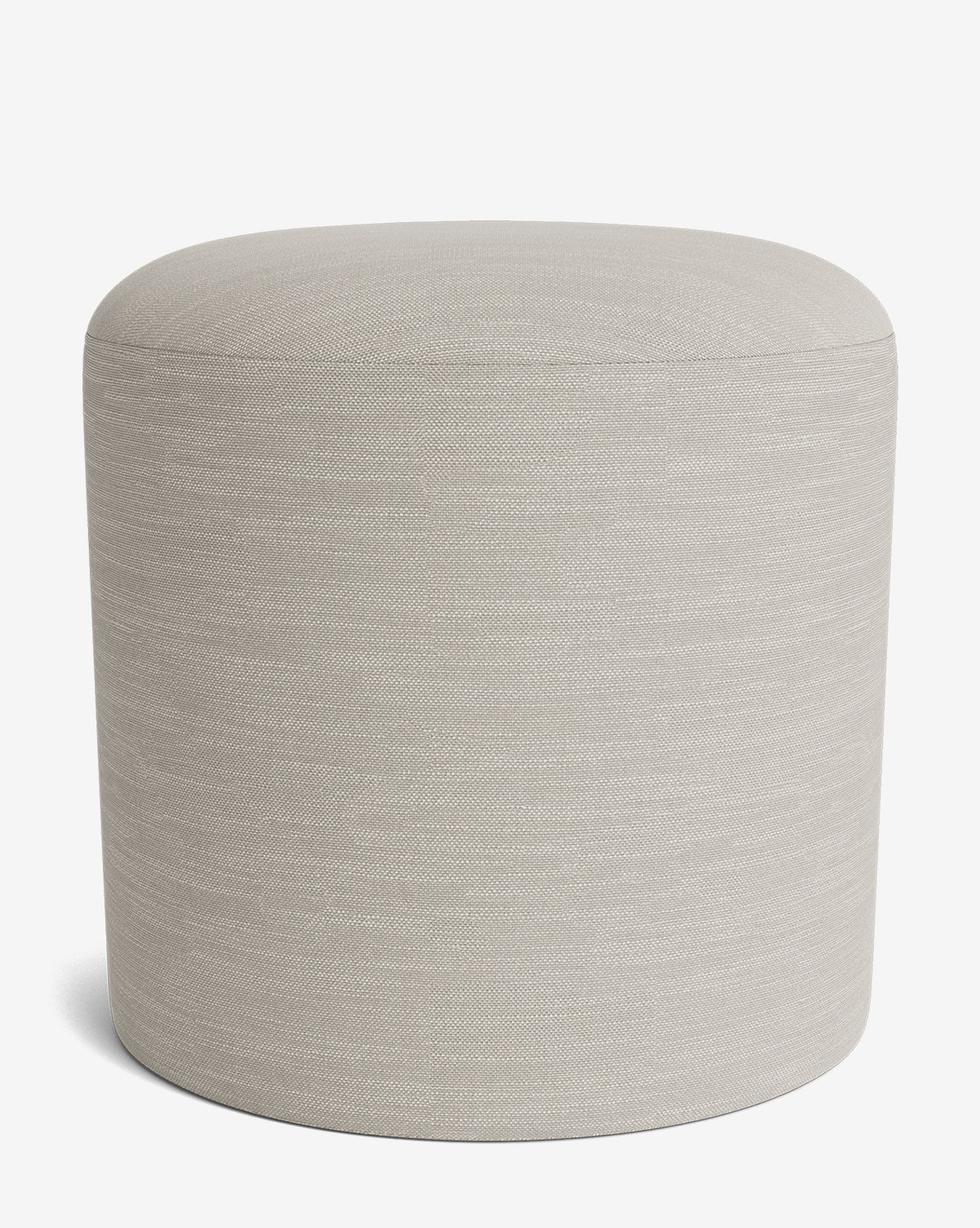 The Makerspalm Bellamy Ottoman, featuring a light gray round upholstered design with a smooth seamless surface, is shown against a plain white background by Vendixs