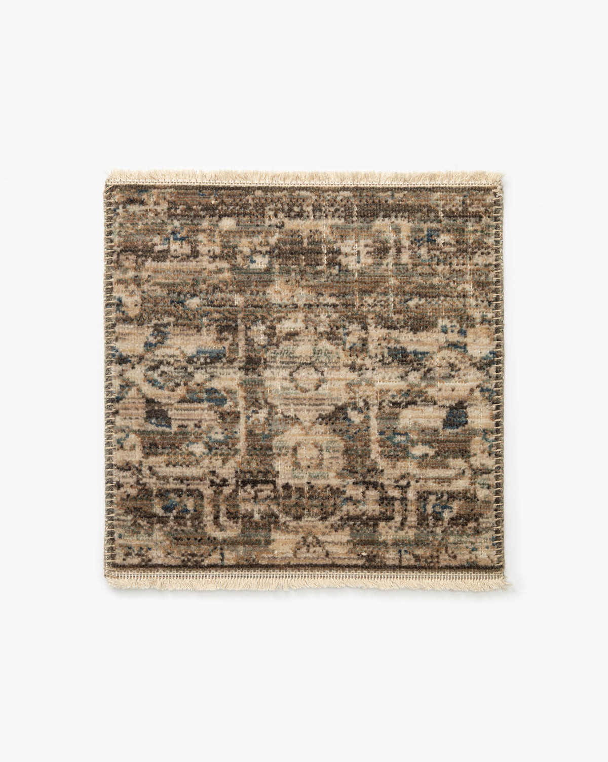 Square swatch of the Benito Neutral Rug features a vintage, distressed look with muted brown, beige, and blue tones in an intricate motif. High-quality construction is finished with short beige fringe along the edges, by Vendixs