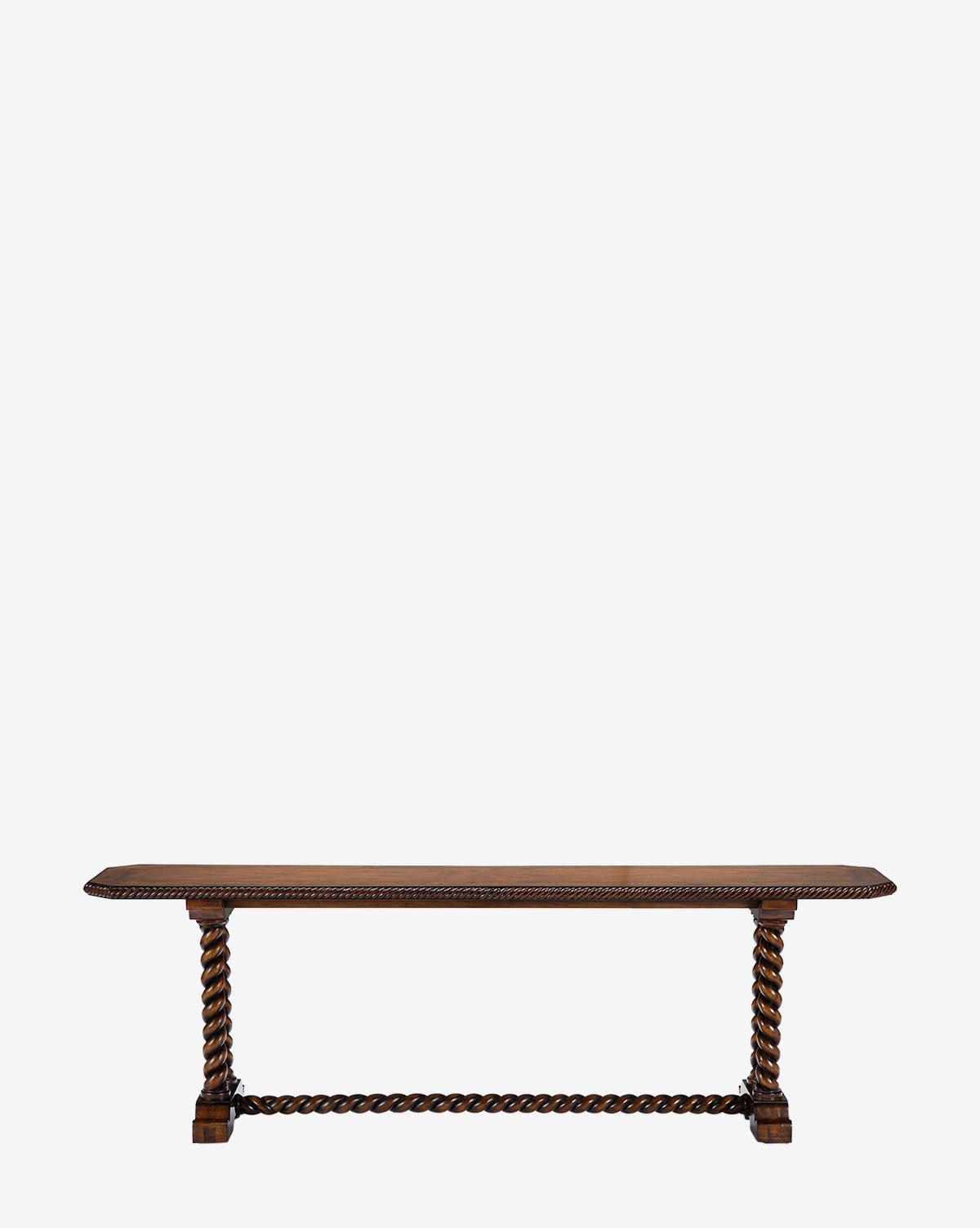 The Bennett Console is a long, rectangular antique table with intricately carved twisted legs and a matching stretcher, crafted from dark polished mahogany wood. It stands against a plain white background by Vendixs
