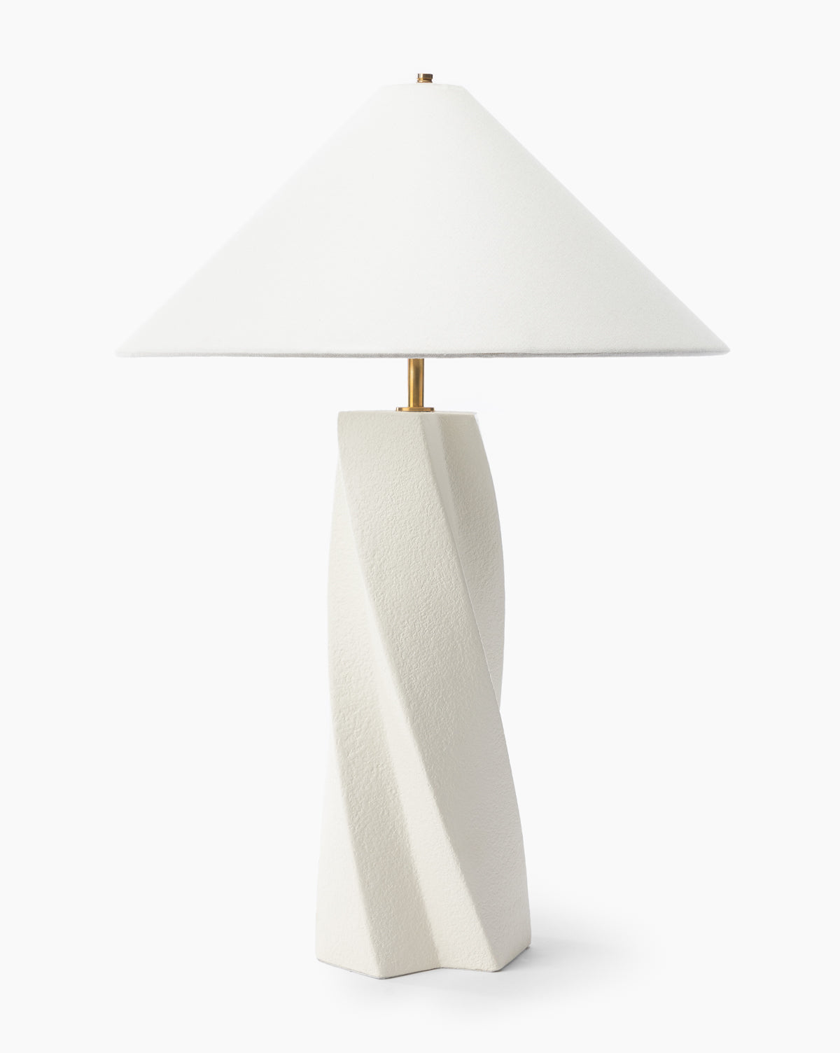 The Bettencourt Table Lamp features a modern white resin base with a twisted texture, wide conical linen shade, and brass accent—perfect for adding style to any room, by Vendixs