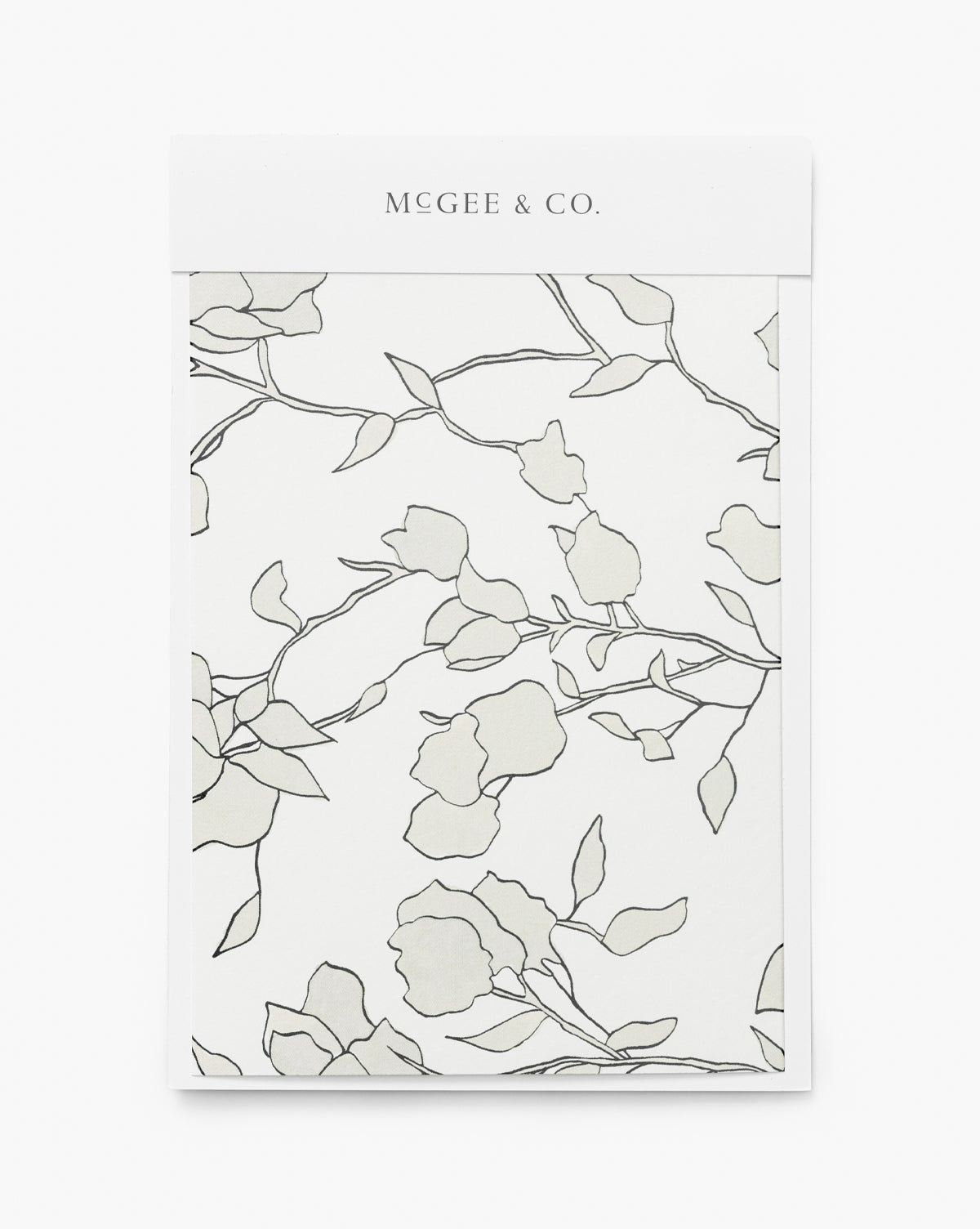 A wallpaper swatch from York Wallcoverings called Blair Sketched Floral features a white background with minimalist floral line drawings of branches and flowers in light gray and black, inspired by neutral, modern design, Vendixs