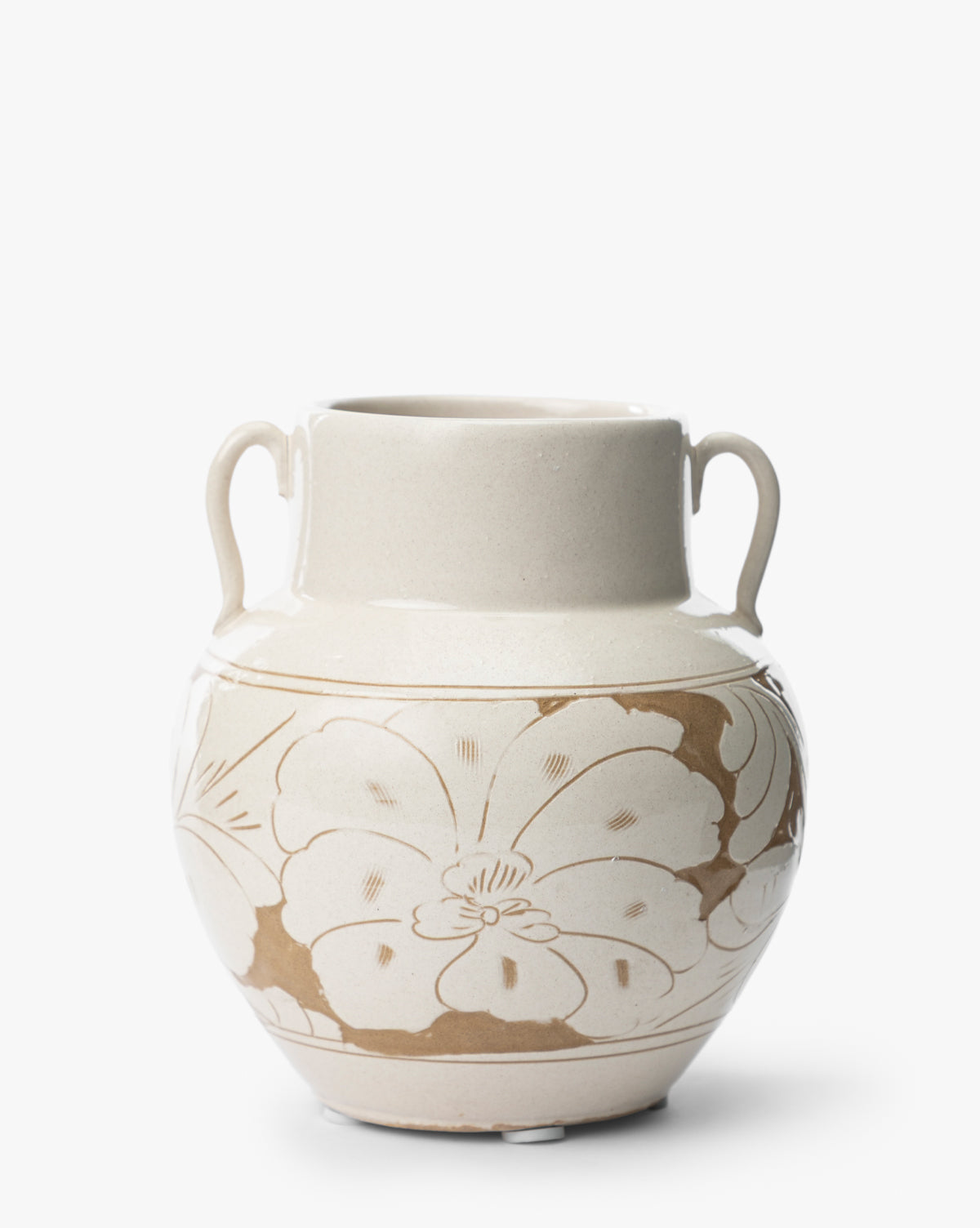 The Blaise Vase is a beige ceramic vintage piece with two small handles and a wide, round body. Its subtle floral pattern adds delicacy, making it a charming addition to any home decor, by Vendixs
