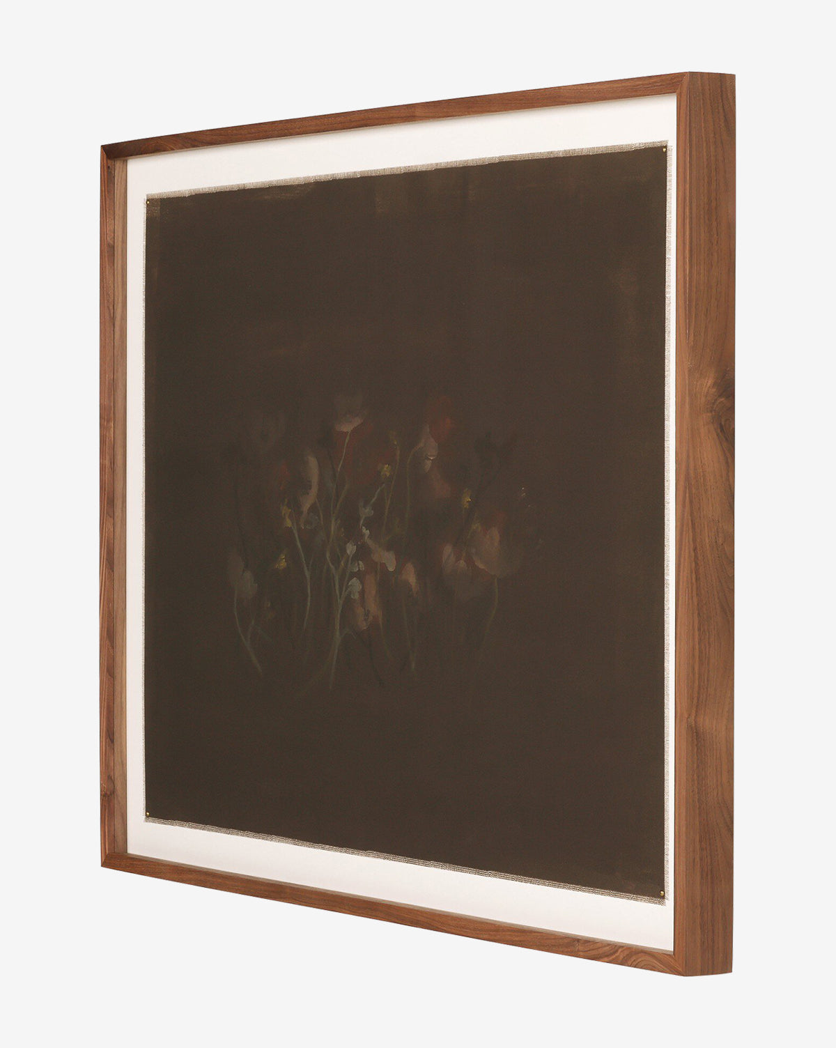 Bloom II by Brittney Schulz is a framed painting with a dark background and subtle, muted flowers. A light wood frame and white mat highlight this expressive artwork, which is shown from an angled perspective, by Vendixs