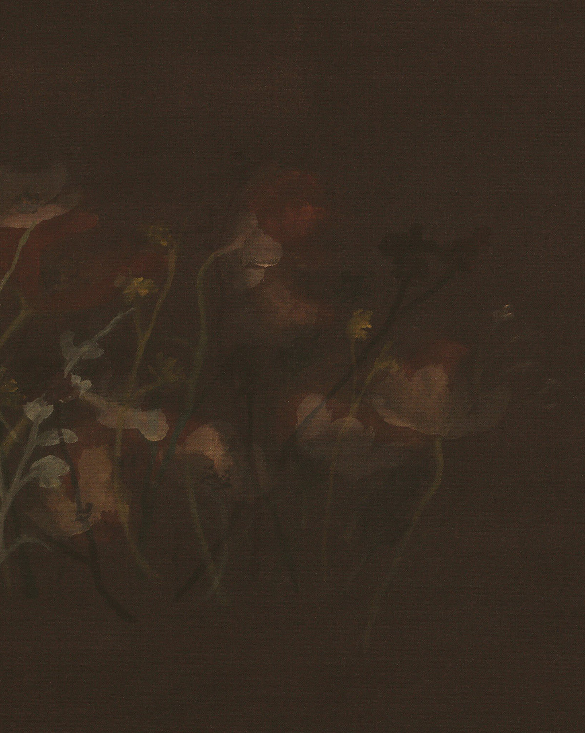 Bloom II by Brittney Schulz is a handmade wall art piece featuring delicate, muted flowers with thin green stems on a deep brown background, creating an expressive and mysterious atmosphere, by Vendixs