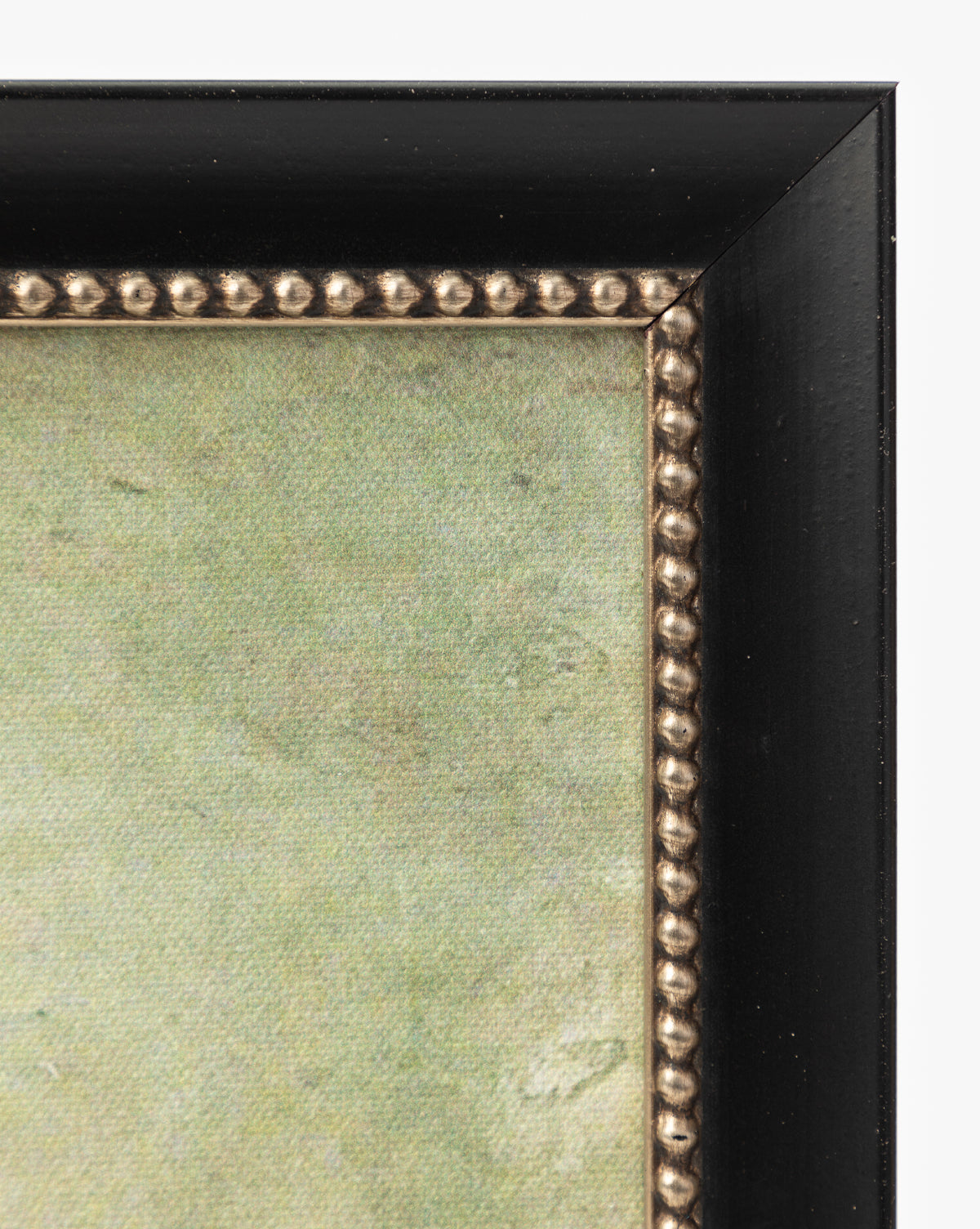 Close-up of the top right corner of the Blowing Brush frame featuring a black outer edge, decorative gold beaded inner border, and textured green background—ideal for showcasing your favorite giclee print, by Vendixs