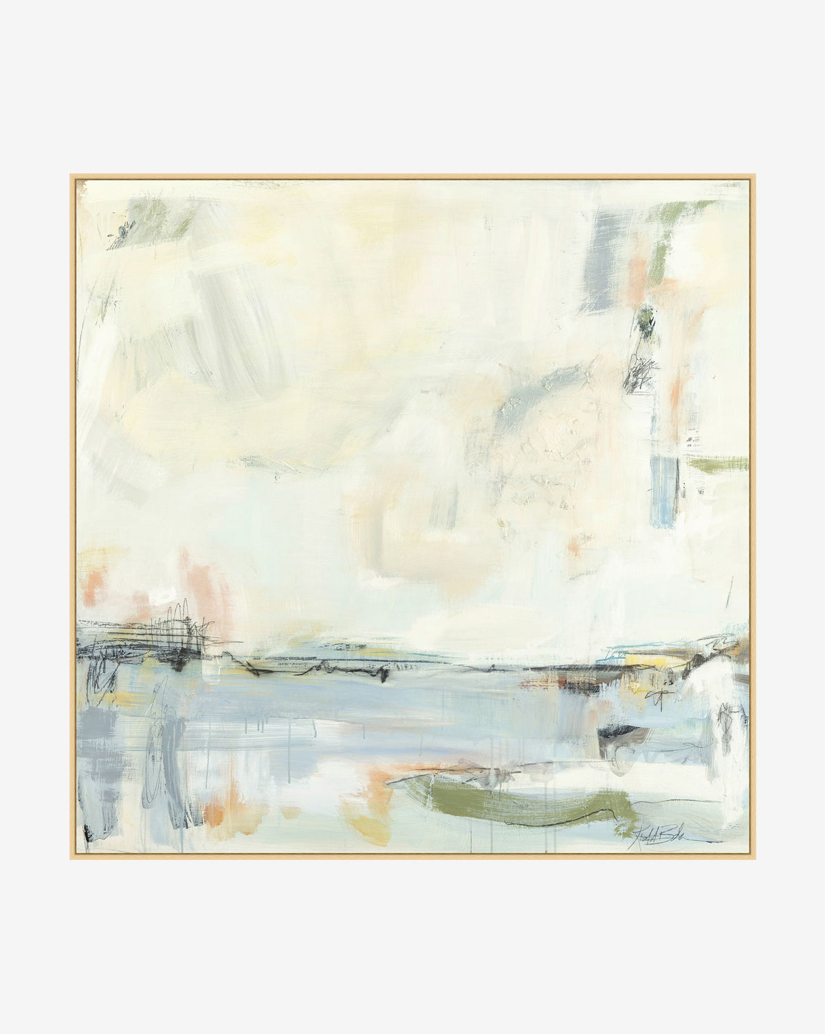Blue Blush is an abstract art giclee print featuring soft white, cream, blue, green, and orange tones. Blurred shapes and loose brushstrokes evoke a serene landscape, while the thin frame adds modern style by Vendixs