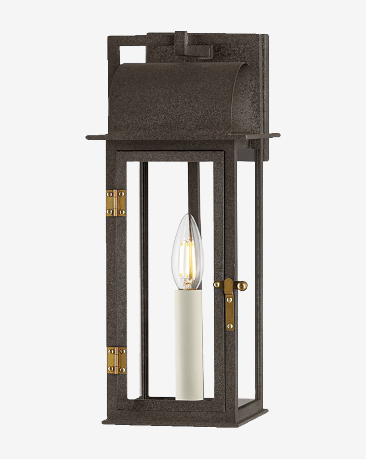 The Bohen Exterior Wall Sconce by Troy Lighting showcases a dark metal frame, clear glass panels, brass accents, and a single candelabra bulb in a white socket for classic outdoor style. Vendixs