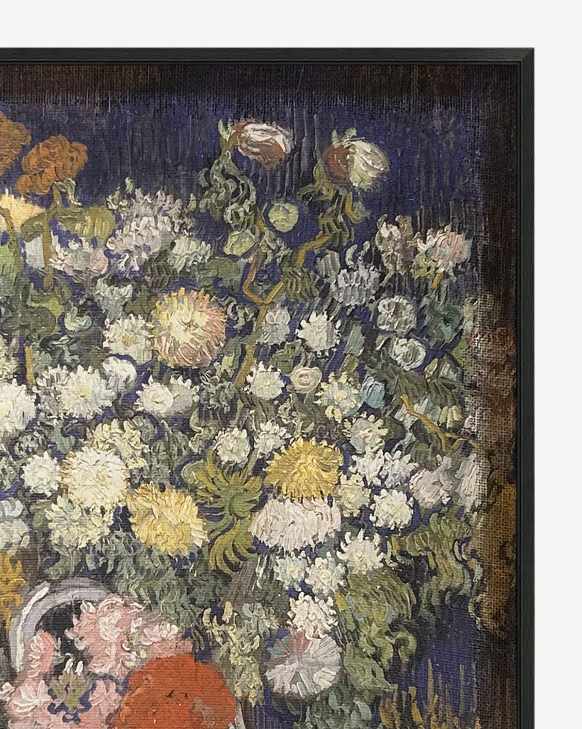 A close-up shows Bouquet of Flowers in a Vase by Van Gogh, featuring vibrant white, yellow, and pink blooms with green stems on a dark background in expressive brushstrokes, framed in a sleek black woodgrain floater frame by McGee & Co.