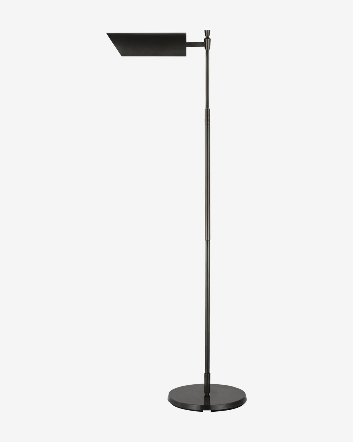 The Bravo Adjustable Pharmacy Floor Lamp features a slim adjustable pole, circular base, and flat rectangular shade, set against a white background—making it an ideal sleek task lamp for any modern space, by Vendixs