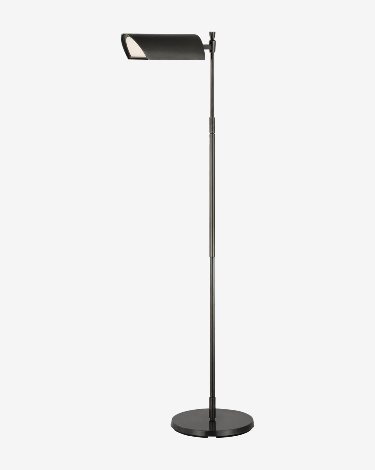 The Bravo Adjustable Pharmacy Floor Lamp by Visual Comfort & Co. Signature features a modern black finish, slim pole, and rectangular angled shade on a round base, shown against a plain white background. Vendixs