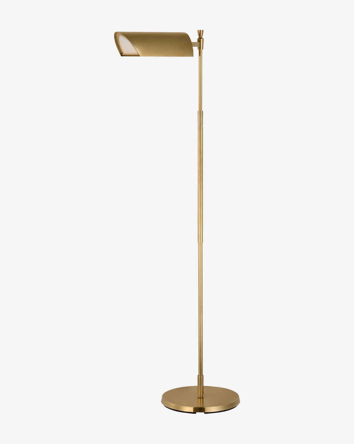 The Bravo Adjustable Pharmacy Floor Lamp features a modern brass finish, slim adjustable pole, and rectangular angled shade atop a round base—a sleek update on the classic pharmacy floor lamp, by Vendixs