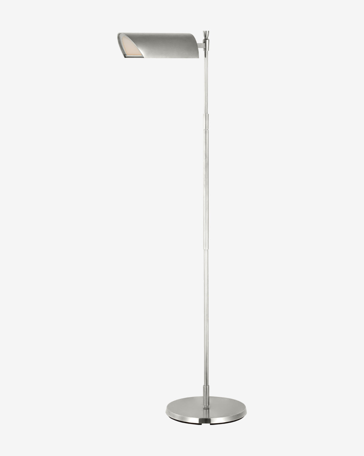 The Bravo Adjustable Pharmacy Floor Lamp features a modern silver design with a slim, adjustable pole, a wide rectangular shade, and a round base, shown against a plain white background by McGee & Co.