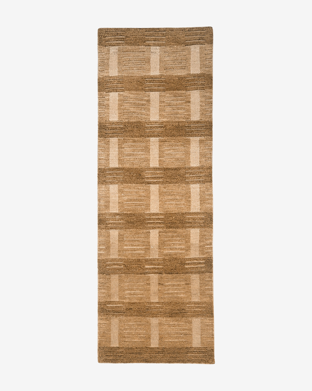 The Brenner Hand-Knotted Wool Rug is a rectangular neutral area rug with a geometric checker pattern of alternating light and dark brown rectangles and squares on a plain white background, by Vendixs
