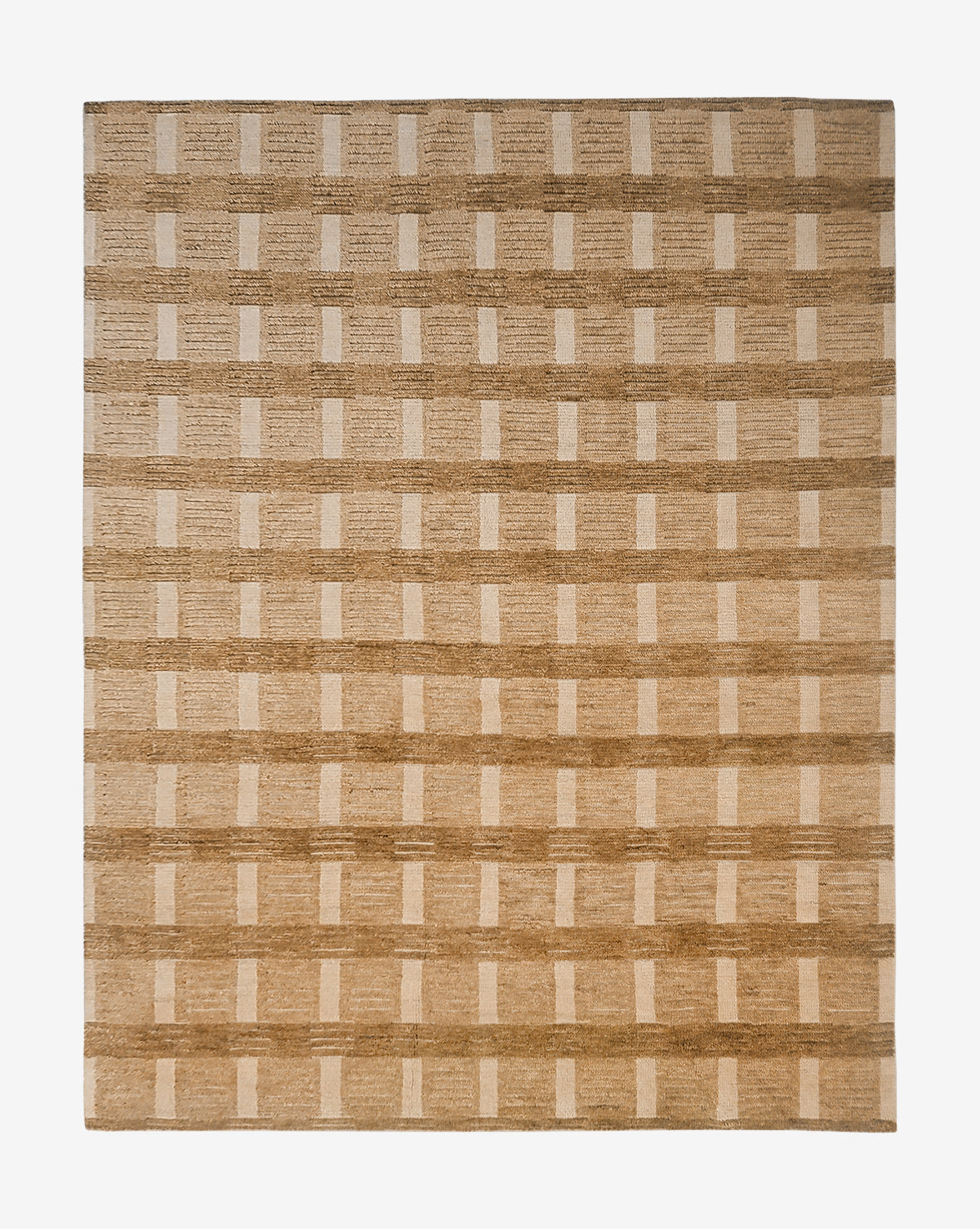The Brenner Hand-Knotted Wool Rug is a square, neutral beige and tan area rug featuring a modern textured geometric grid with intersecting lines forming rectangles, creating a subtle checker pattern by Vendixs