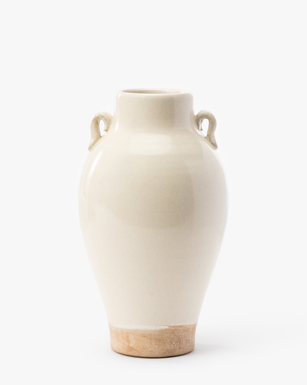 The Brinkerhoff Two Handled Vase is a cream-colored decorative piece with a glossy finish, small side handles near the neck, a slightly rough unglazed base, and a simple rounded shape perfect for any setting, by Vendixs